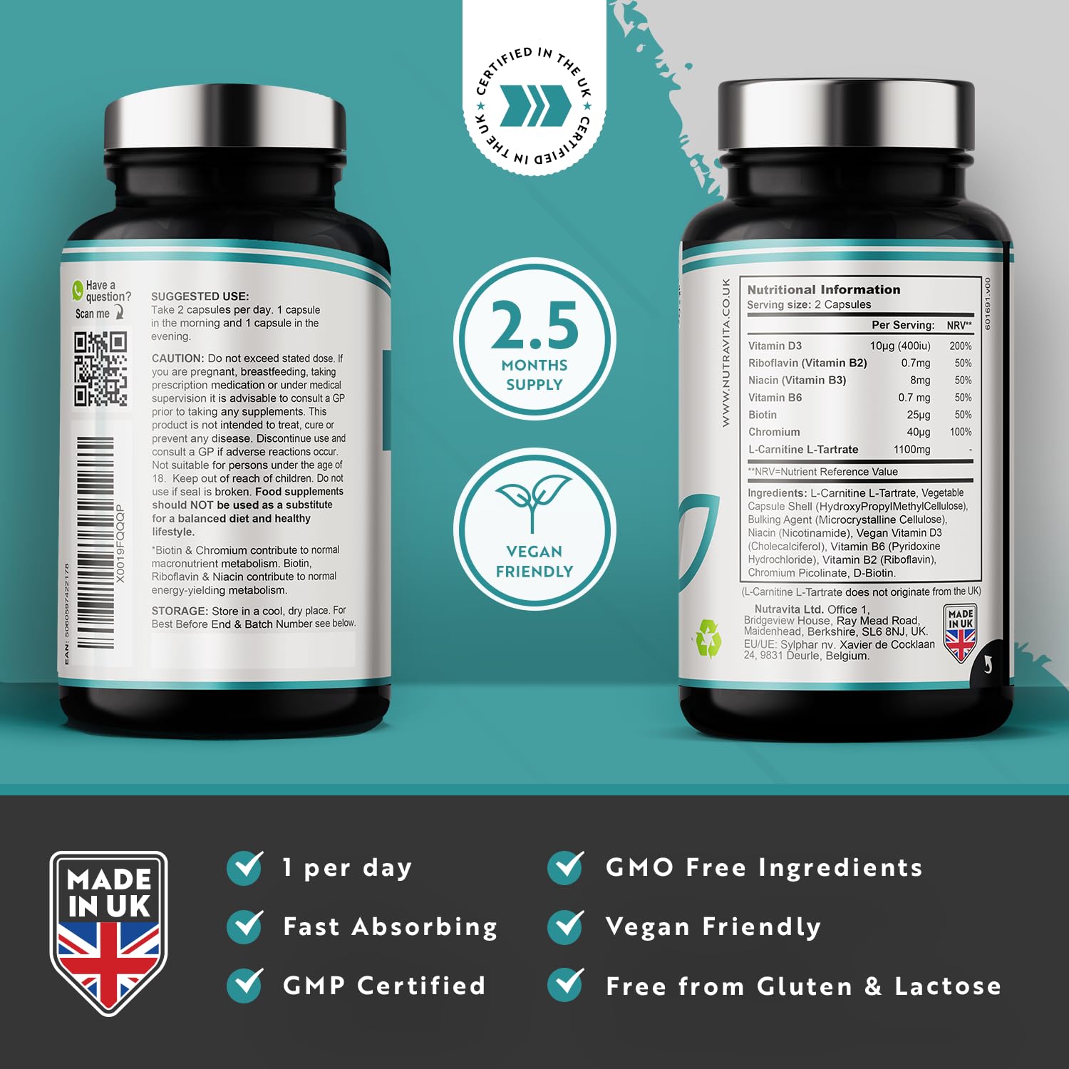 L-Carnitine Complex - High Strength Capsules with Added Riboflavin, Biotin, Chromium Nutravita uk supplements
