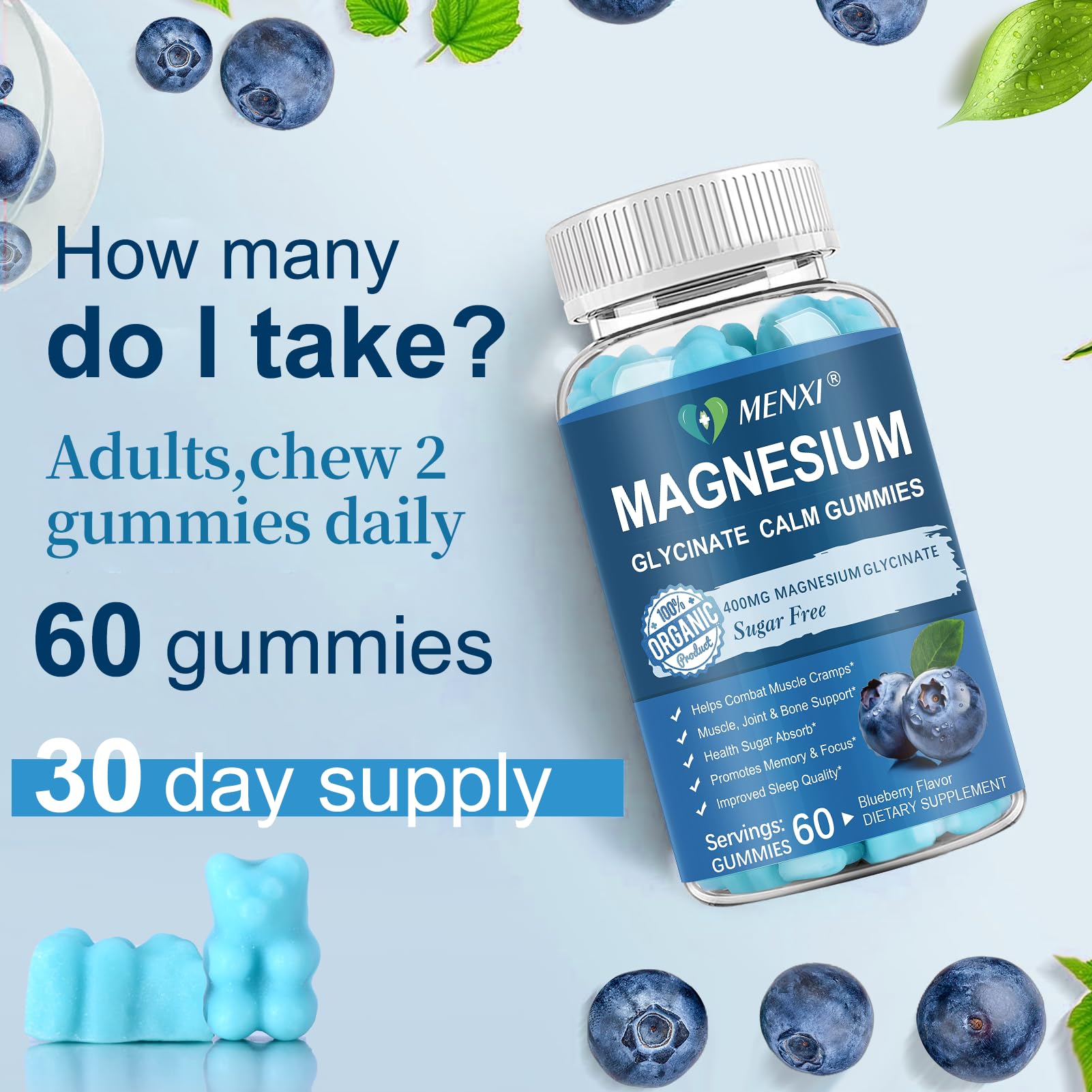 Magnesium Gummies 600mg per Serving-Magnesium Glycinate 400mg and Magnesium Malate 200mg,Sugar Free Magnesium Potassium Supplement for Calm Mood, Muscle, Bone & Sleep Support,60 Blueberry Gummies MENXI uk supplements