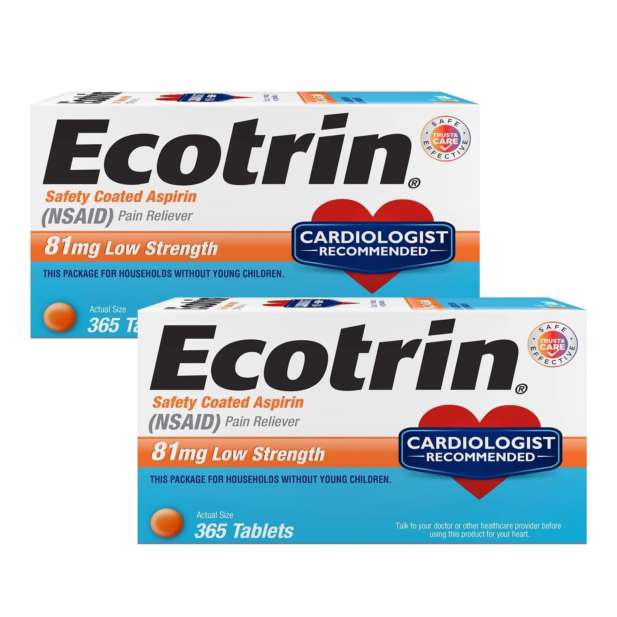 Ecotrin Safety Coated Aspirin Pain Reliever Tablets, Low Strength, NSAID 81mg, 365 ct (Pack of 2) Ecotrin uk supplements