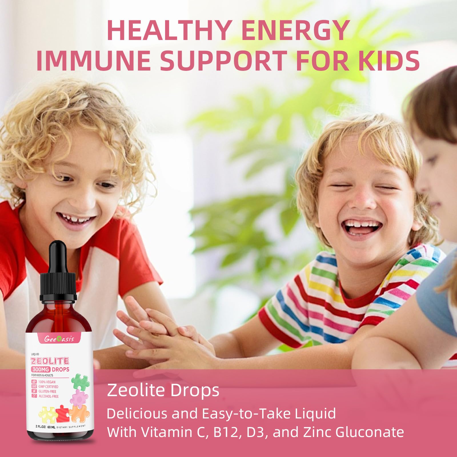 Geeoasis Zeolite Detox for Kids & Adults, 300 mg Zeolite Clinoptilolite Liquid with Vitamin B12 & D3, Vitamin C & Zinc Gluconate, Immune Support & Gut Health, Natural Strawberry Flavor, 2 Fl Oz Geeoasis uk supplements