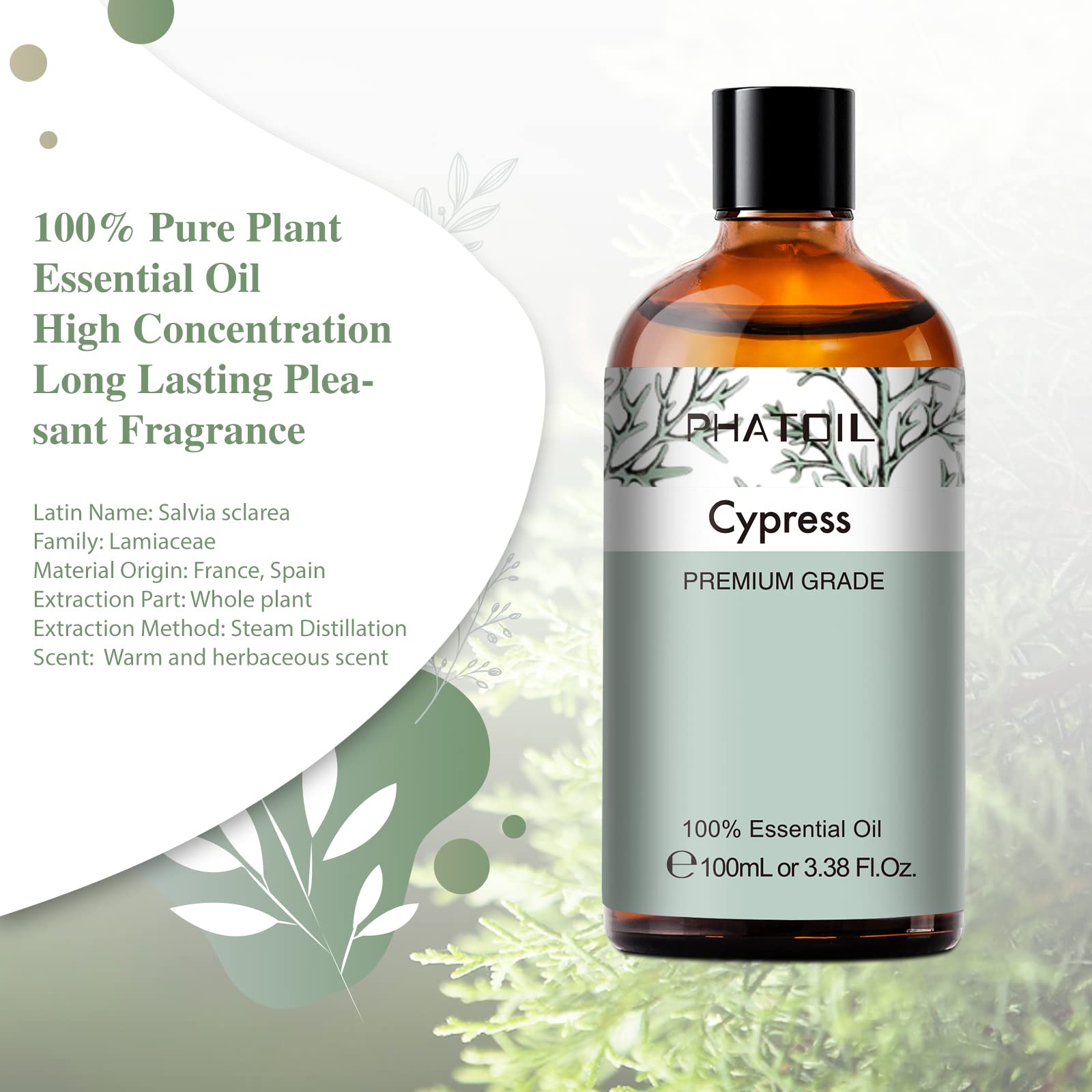 Cypress 3.38fl.oz Essential Oil, PHATOIL Aromatherapy Essential Oils for Diffuser, Humidifier PHATOIL uk supplements