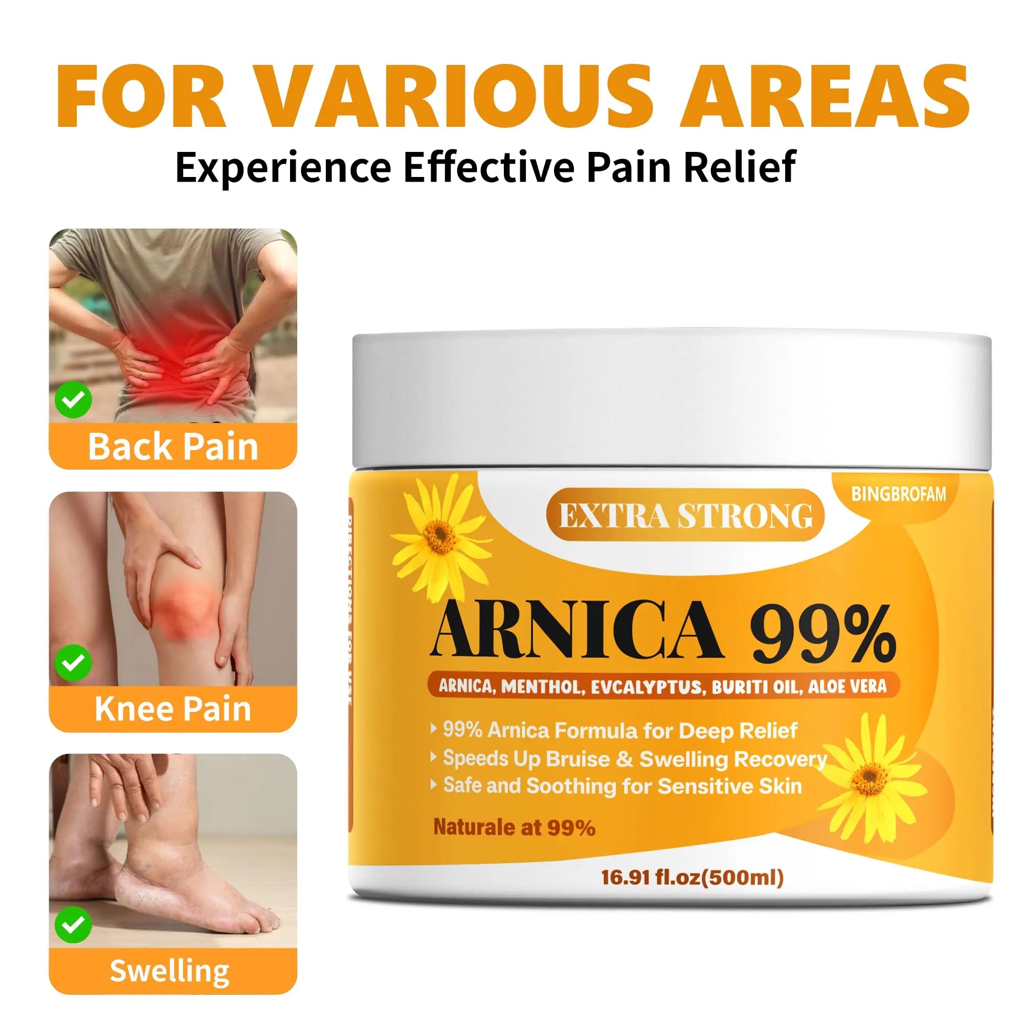 Bingbrofam Arnica Cream 99% Extra Strength Gel Pain Relief for Fast Healing Thin Skin, Seniors Bruises with Menthol, Swelling, Soothing Massage, 16.9 Oz Bingbrofam uk supplements