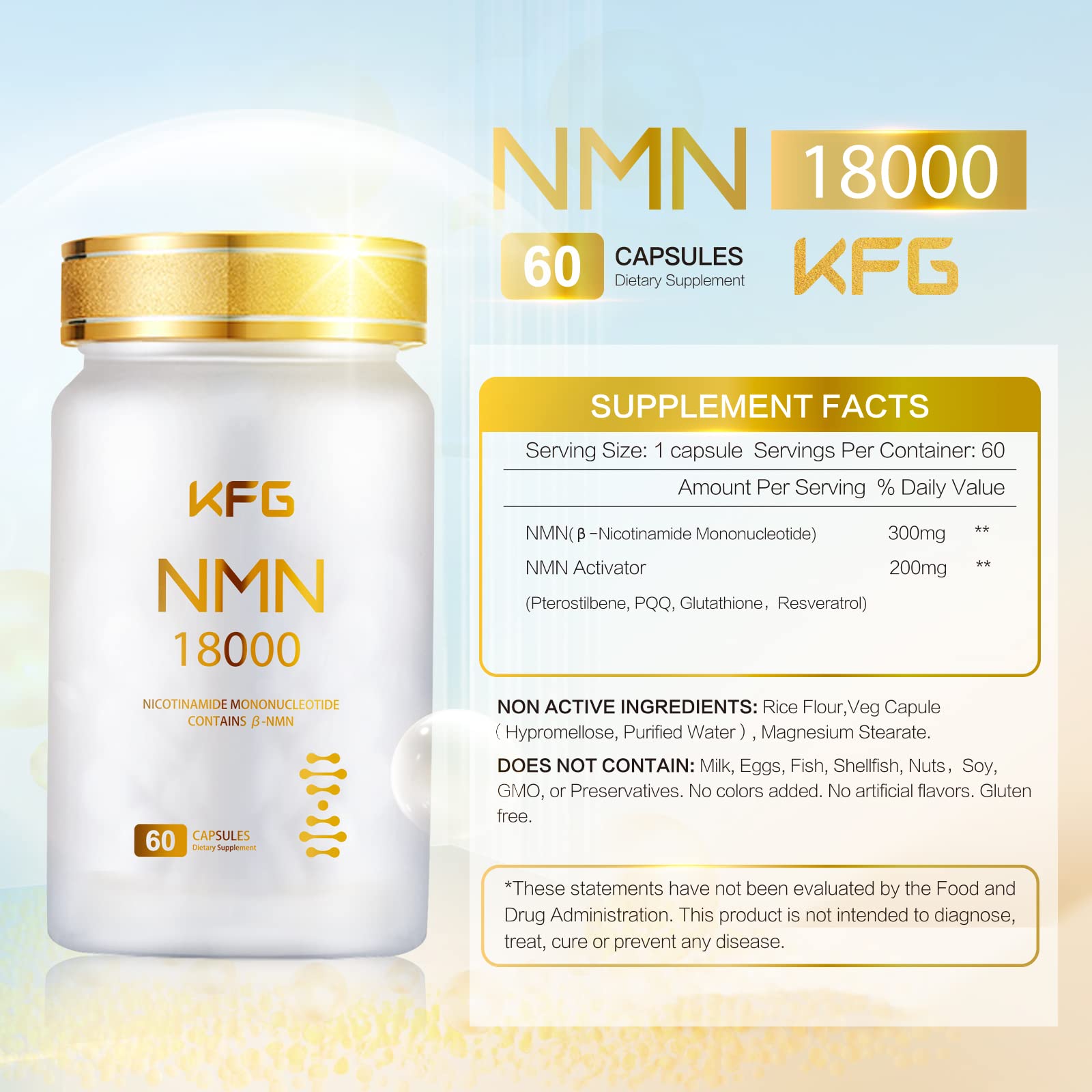 KFG NMN 18000 - NMN Nicotinamide Mononucleotide Supplement with Resveratrol, Stabilized Form & 99% High Purity to Boost NAD+ Levels for DNA Repair Supplement,for Healthy Aging,60 Capsules KFG uk supplements