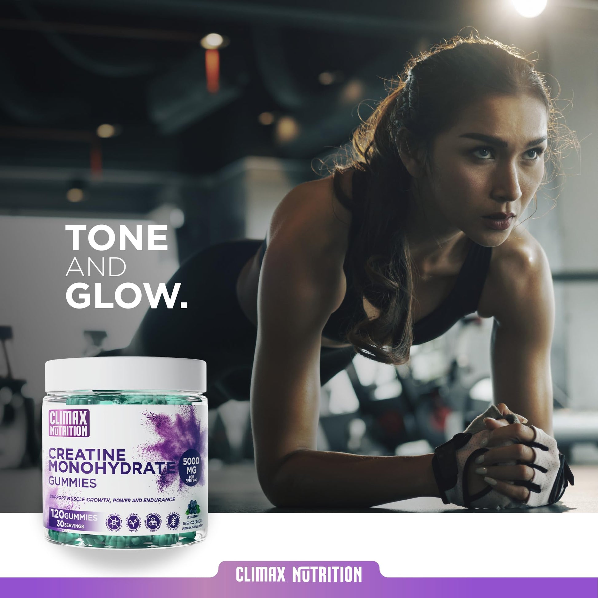 Creatine Monohydrate Gummies - Vegan, Sugar-Free, Gluten-Free - Boosts Muscle Recovery, Strength & Lean Muscle Growth - Brain Health Support - for Men & Women - Blueberry Flavor - 120 Gummies CLIMAX NUTRITION uk supplements