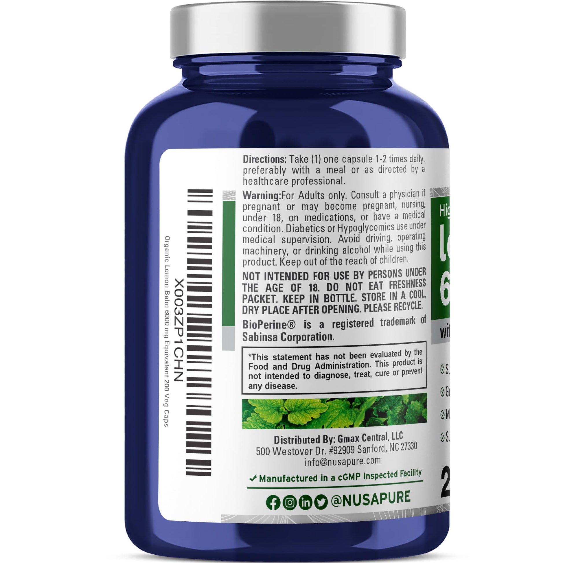 NusaPure Lemon Balm 30:1 Extract, 200 mg Equivalent to 6000mg Per Vegan Caps - 200 Count Non-GMO, Vegan Bioperine NusaPure uk supplements