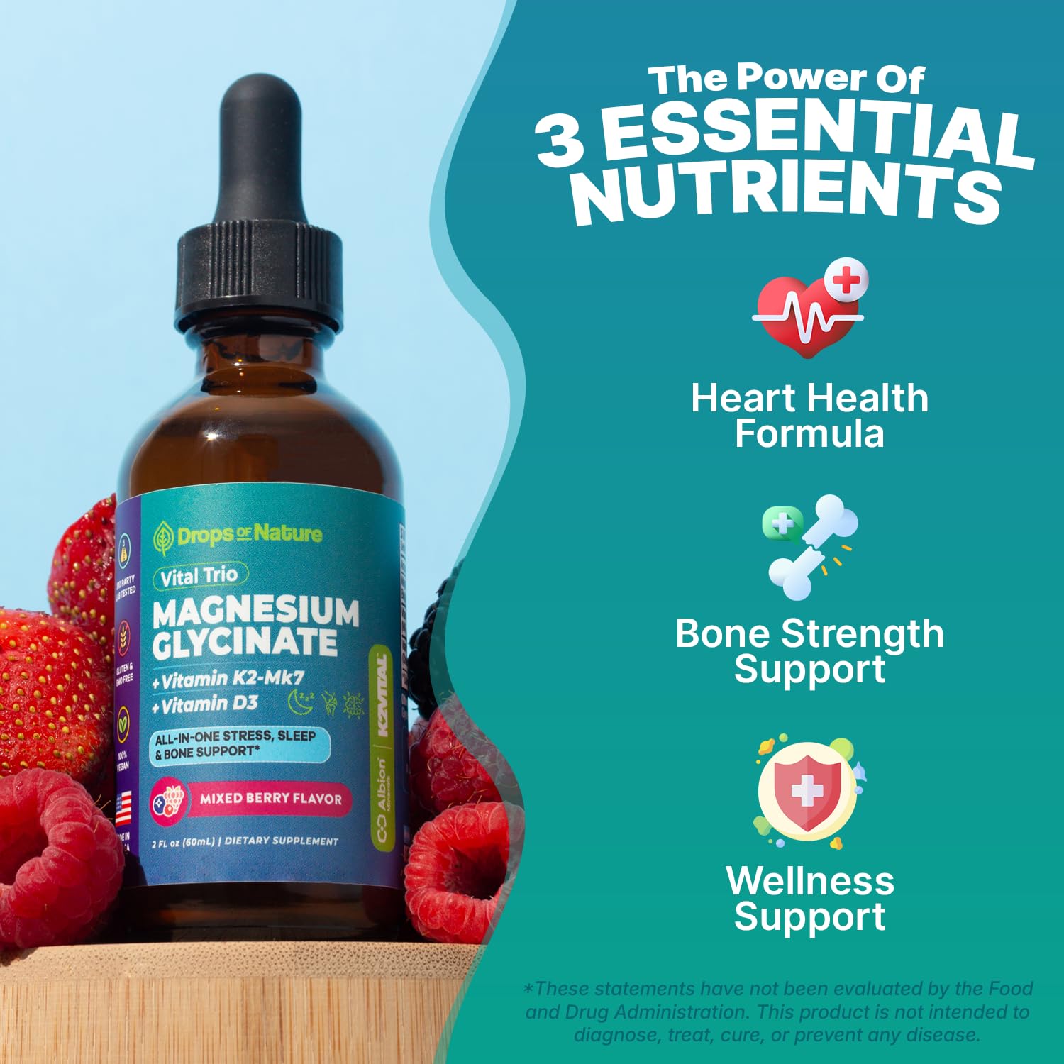 Magnesium Glycinate, Vitamin K2 & D3 Supplement – GMO-Free – VIT D MK7 K2 Vitamin Supplement & Magnesium Blend – with Nutrients for Bone Nutrition & Cardiovascular Function (Mixed Berry, 60 mL) Drops Of Nature uk supplements