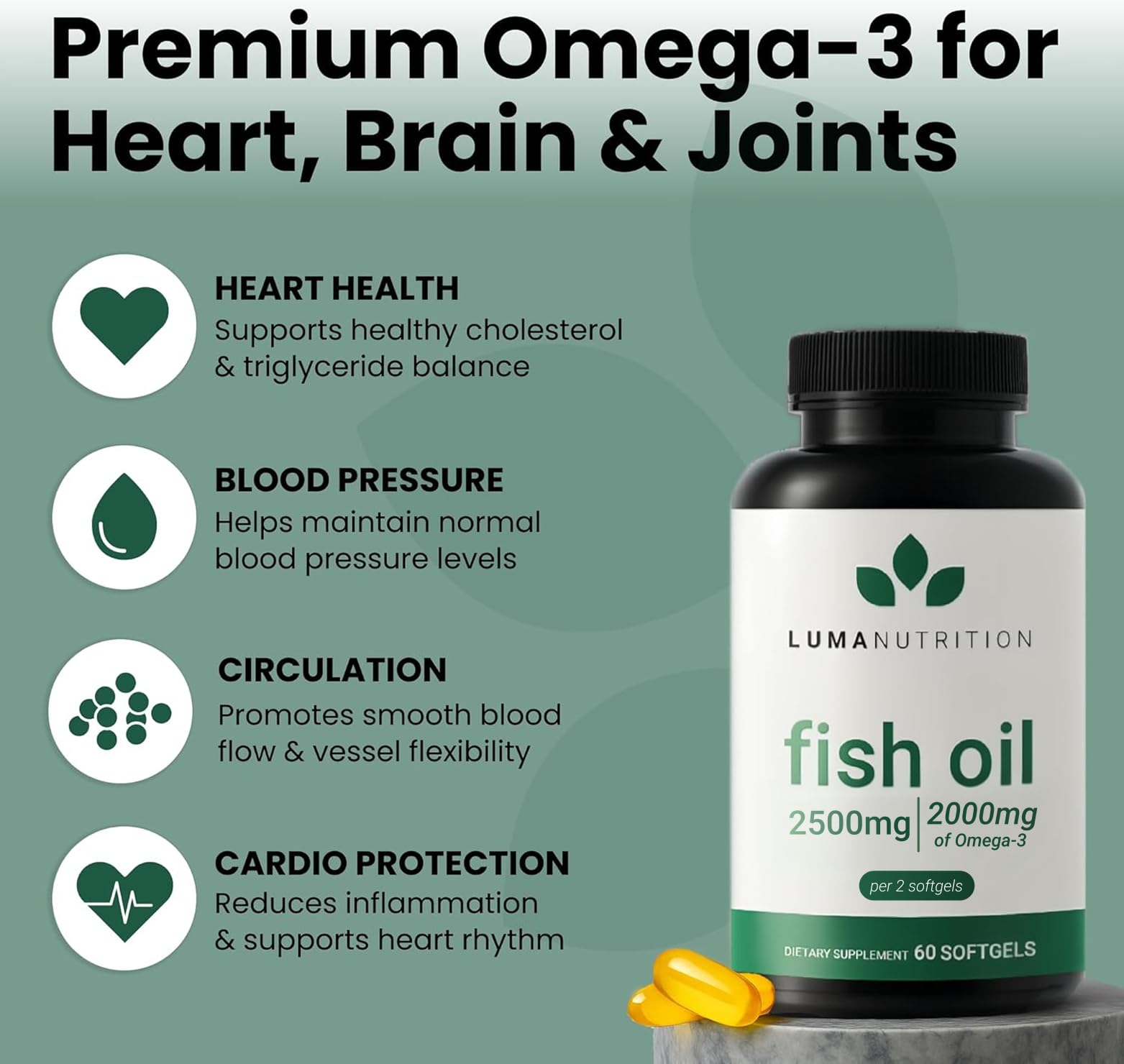 Luma Nutrition Omega 3 Fish Oil Supplement - Extra Strength 2500mg Per Serving - 2000mg EPA & DHA Per Serving - Brain and Heart Health - 60 Softgels, 30 Servings Luma Nutrition uk supplements