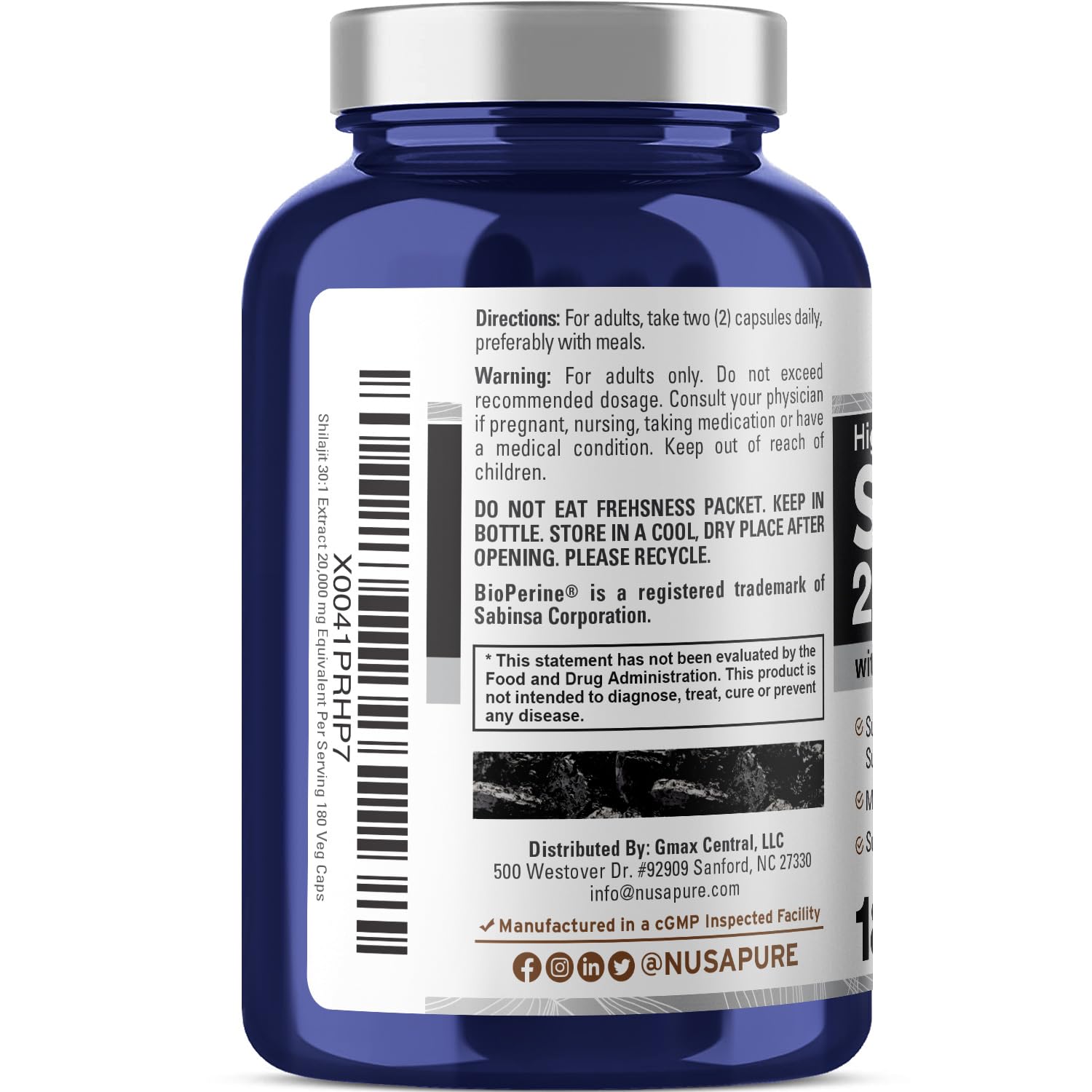 NusaPure Shilajit 20,000mg per Serving, 180 Veggie Caps, Non-GMO, Gluten Free, Bioperine NusaPure uk supplements