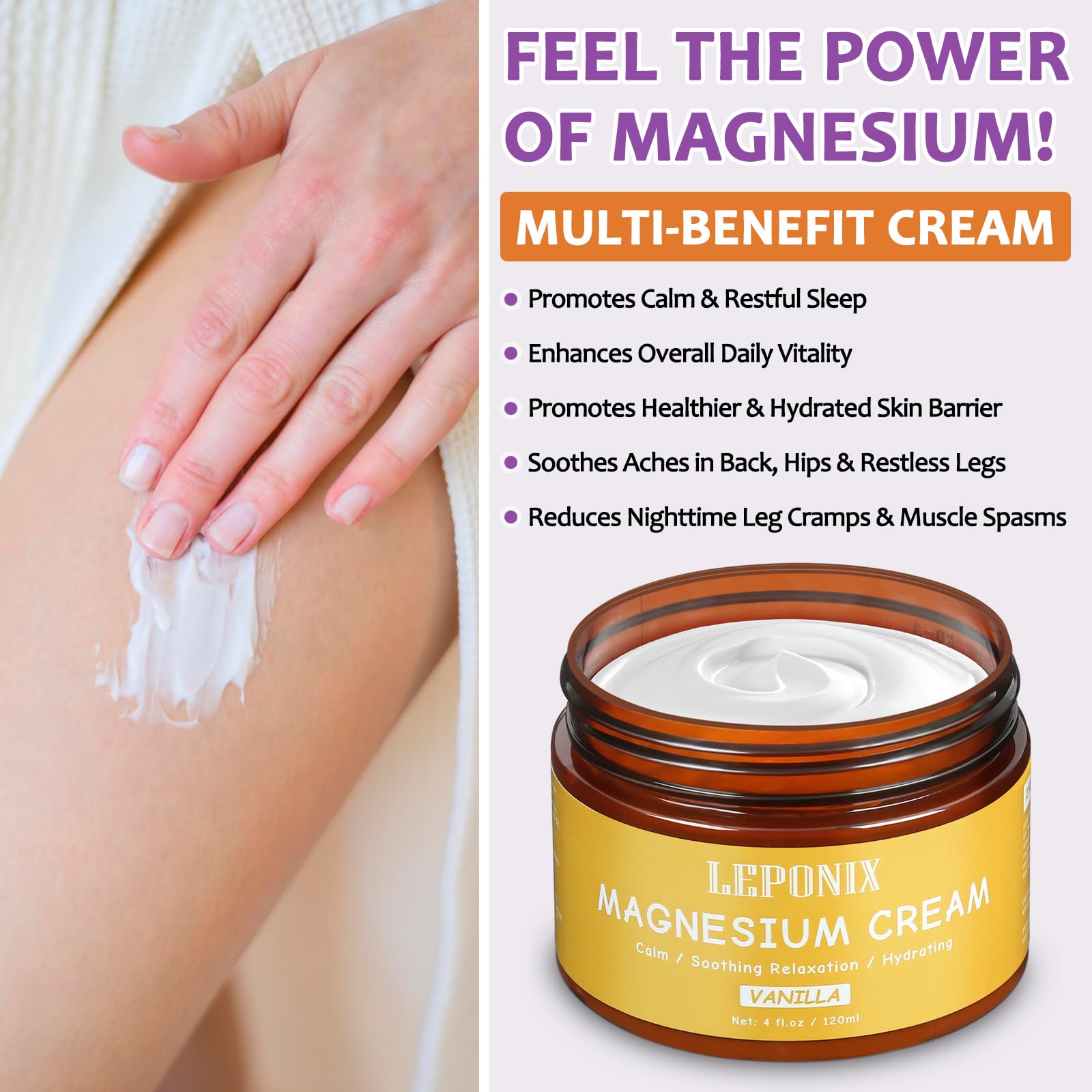 Magnesium Cream for Sleep & Muscle Recovery - Soothing Topical Magnesium Lotion for Leg Cramps, Joint Comfort, Pain Relief - Relaxing Magnesium Body Butter for Men Women Kids (120ml, Vanilla) LEPONIX uk supplements