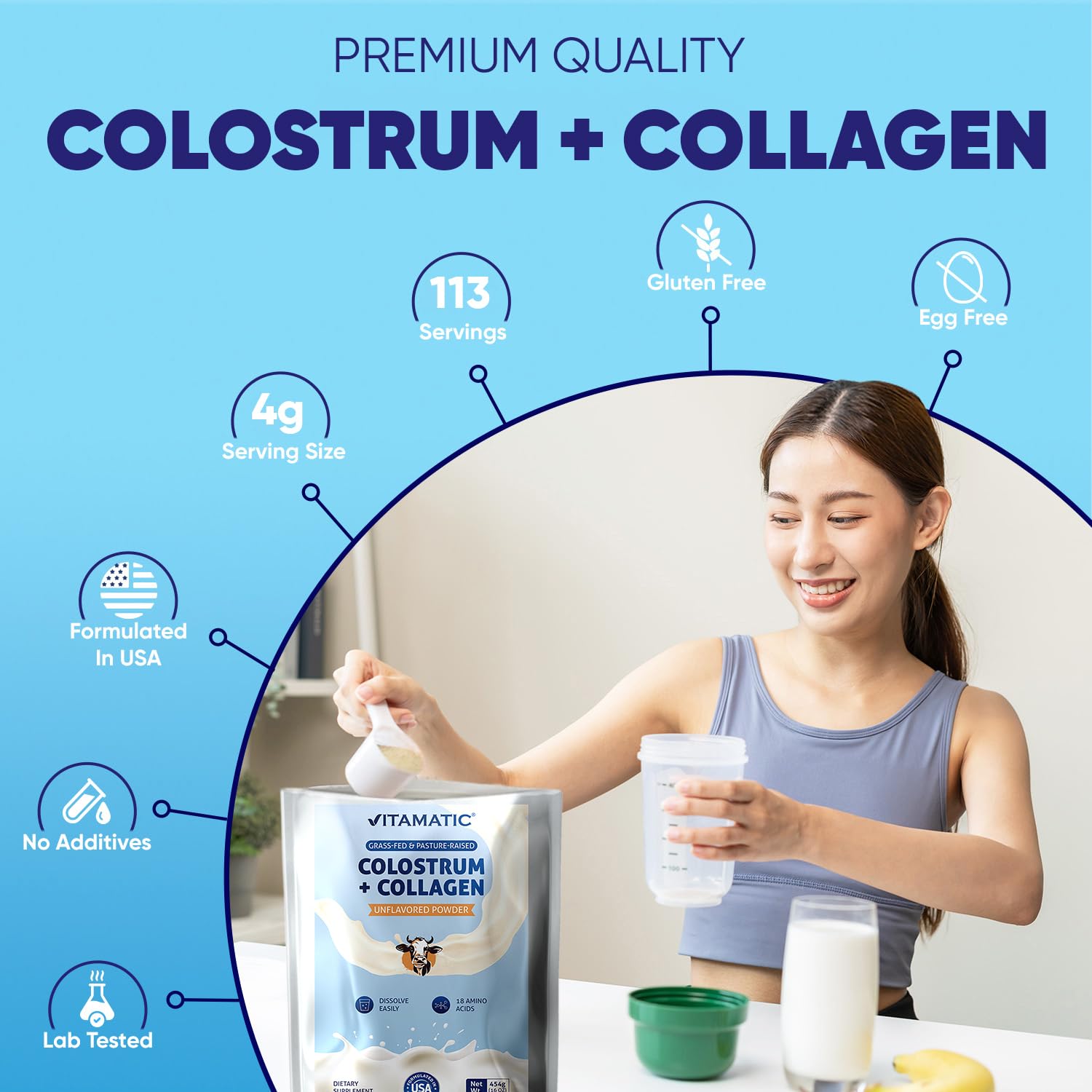 Vitamatic Bovine Colostrum + Collagen Powder - Supplement for Gut Health, Hair Growth, Beauty, Muscle Recovery, & Immune Support - Easy to Mix - Unflavored - 454 Gram, (16 oz) Vitamatic uk supplements