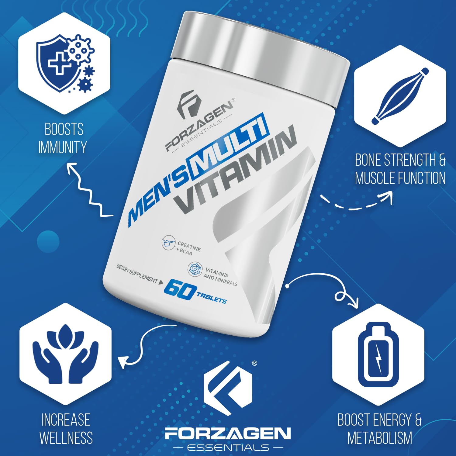 Forzagen Essentials Men's Multivitamin with Creatine and BCAA, Complete Vitamin and Mineral Complex, 60 Tablets Forzagen uk supplements