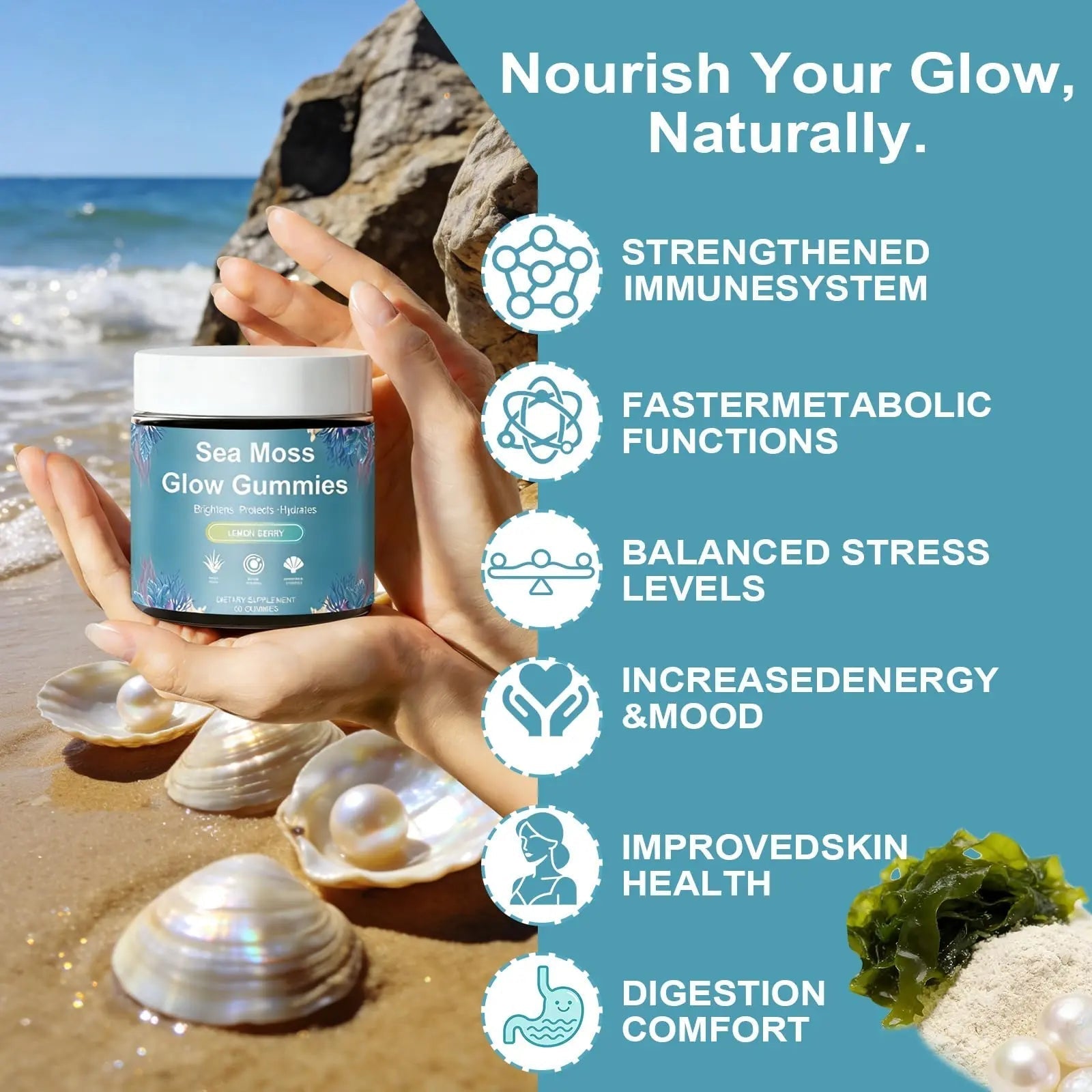 HICFRWE Sea Moss Glow Gummies - Hair Gummies with Vitamin C, Vitamin E, Aloe Vera, Pearl Powder Supports Faster Hair Growth HICFRWE uk supplements
