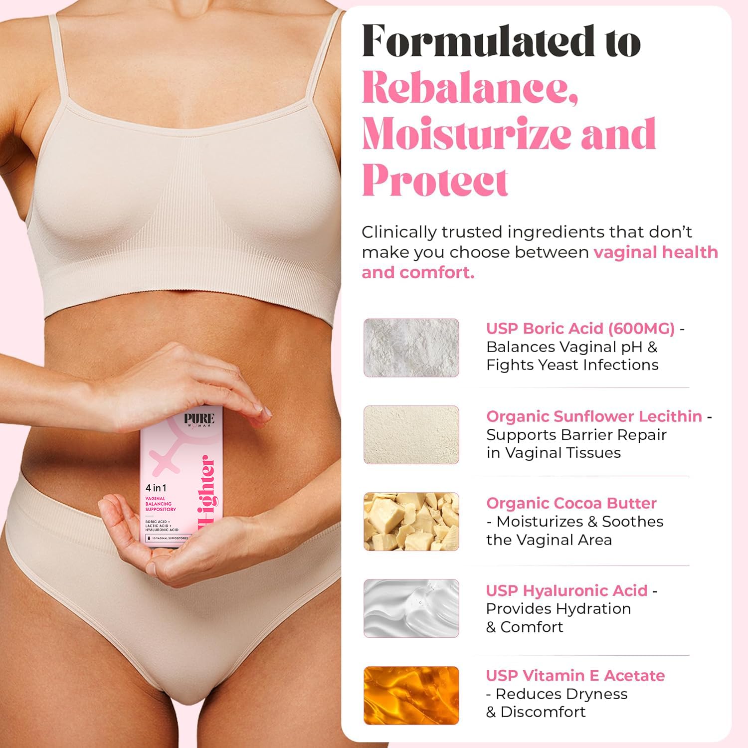PURE WOMAN - pH-ighter Vaginal Boric Acid Suppositories for Women - Hyaluronic Acid - 4 in 1 Vaginal Suppositories for Discomfort, Dryness, Odor & pH Balance- Full Vaginal Health Care - 10ct PURE WOMAN uk supplements
