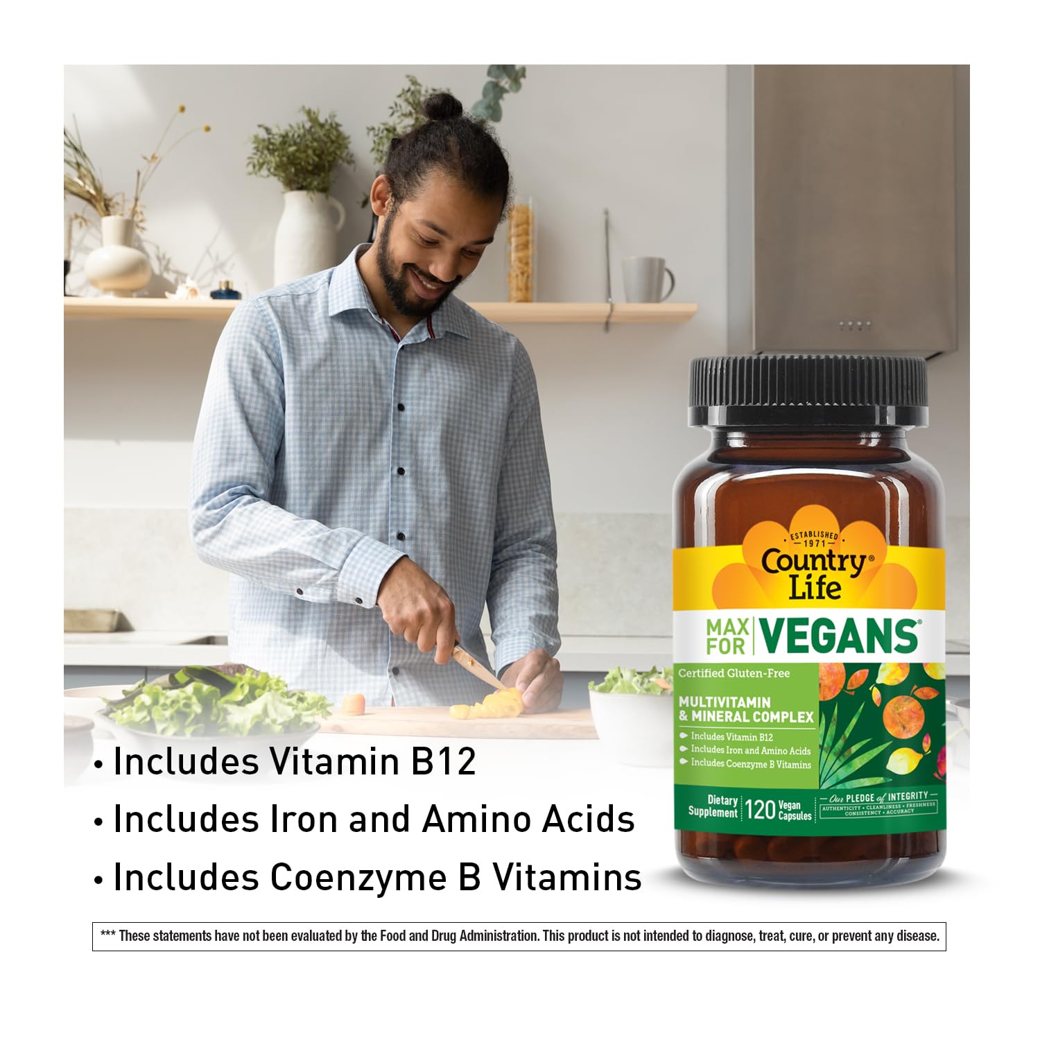 Country Life Max for Vegans - 120 Vegan Capsules - Daily Multivitamins - Immune Support Supplement - Contains Vitamin B12, Iron, Amino Acids, Coenzyme B Vitamins - Gluten-Free Country Life uk supplements