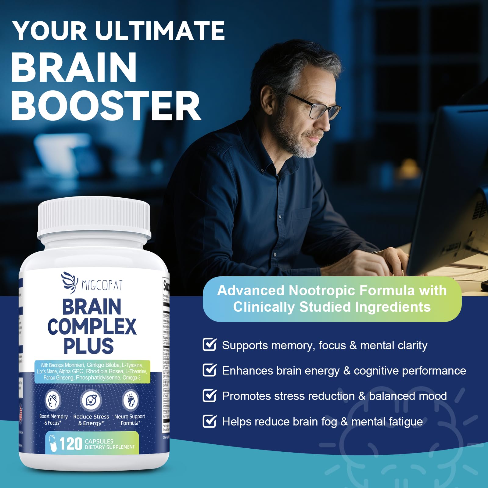 Brain Supplements for Memory & Focus - Nootropic with Bacopa Monnieri, Lion's Mane, Alpha GPC, Phosphatidylserine | Supports Mental Clarity & Cognitive Function | Vitamin B6 & B12-120 Capsules Migcopat uk supplements