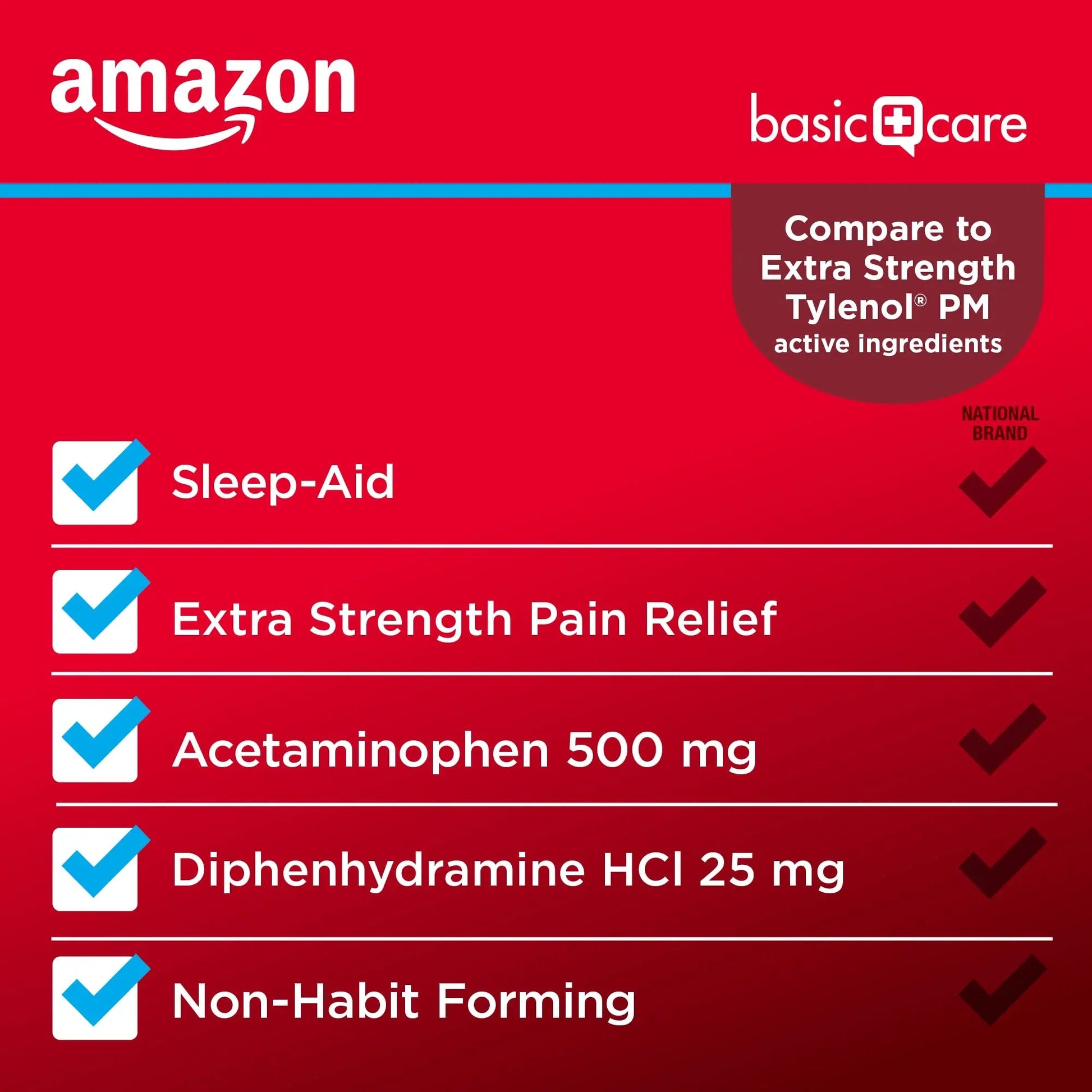 Amazon Basic Care Acetaminophen PM, Pain Reliever Plus Nighttime Sleep Aid, Blue, 100 Count Amazon Basic Care uk supplements