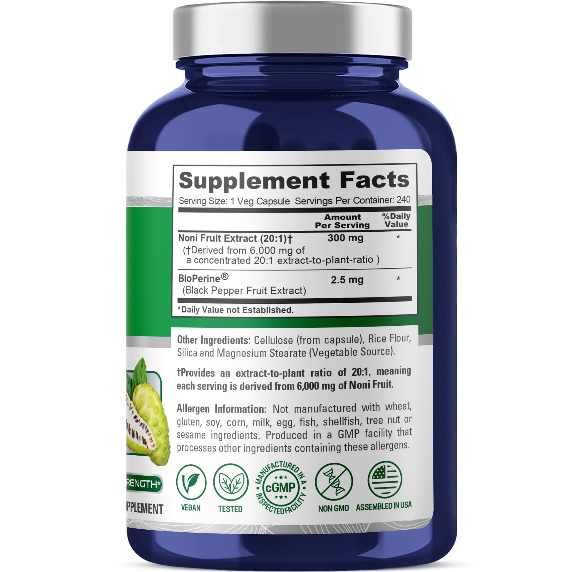 NusaPure Noni Fruit 20:1 Extract, 300 mg Equivalent to 6,000 mg 240 Capsules Suitable for Vegetarian/Vegan, Non-GMO NusaPure uk supplements