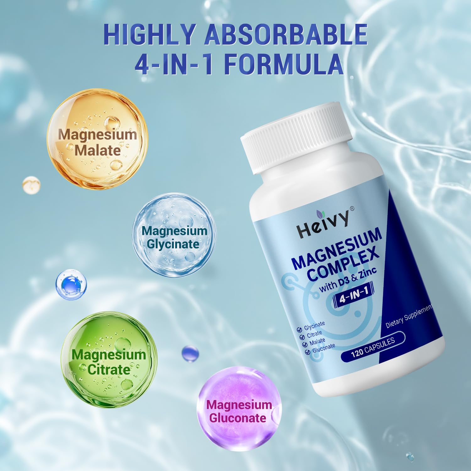 Heivy 4 in 1 Magnesium Complex with Zinc & Vitamin D3, 320mg Elemental Magnesium (Glycinate/Citrate/Gluconate/Malate), 120 Capsules (4 Months Supply), Vegan, Non-GMO, Gluten-Free, 3rd Party Tested Heivy uk supplements