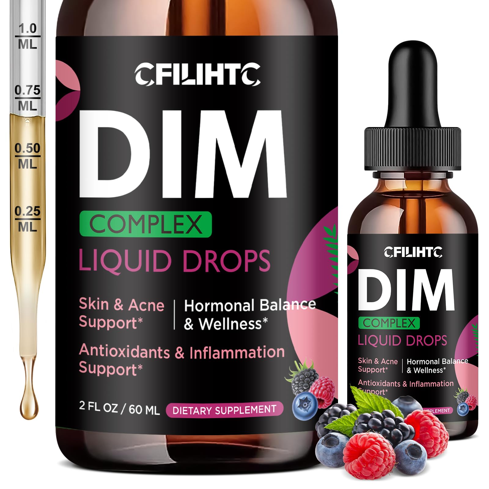 DIM Liquid Drops Supplement Women – Hormone Harmony for Women & Acne Supplements with Multivitamins, Inositol, Sulforaphane - Hormone Balance, Clear Skin & Mood Support, Mixed Berry Flavor 2 Fl Oz CFILIHTC uk supplements