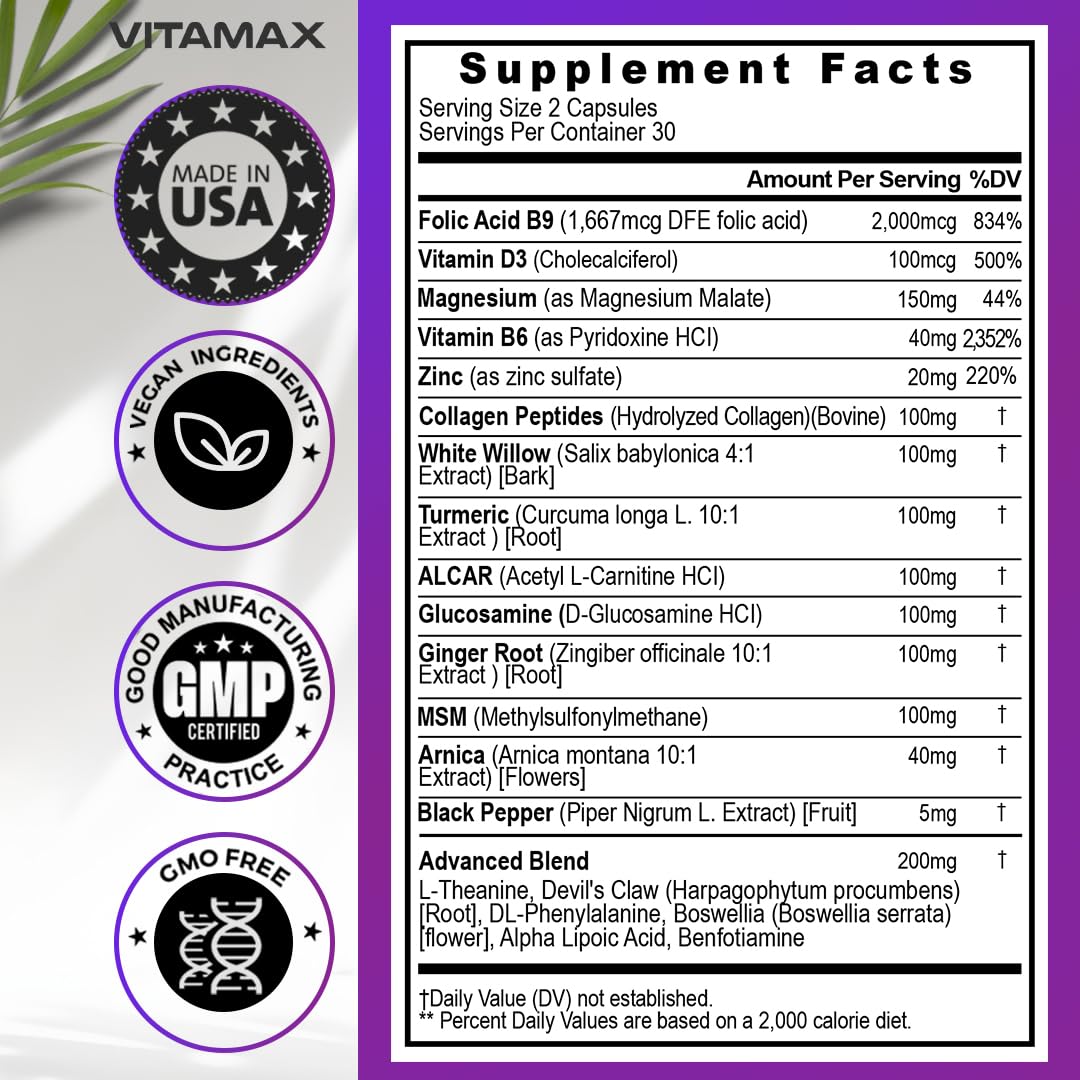 Sciatic Nerve Health Support - Sciatic Nerve Supplement Capsules with Folic Acid, Pea, Glucosamine, MSM, Vitamin B Complex, Alpha Lipoic Acid 300mg – 60ct – Made in USA Vitamax uk supplements
