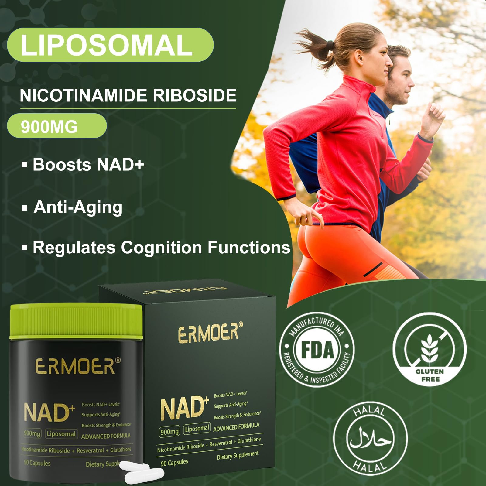 ERMOER NAD Liposomal Nicotinamide Riboside with Resveratrol & Quercetin 900mg, NAD Resveratrol Supplement for Anti Aging, Energy, Antioxidant, Focus (90 Count) ERMOER uk supplements