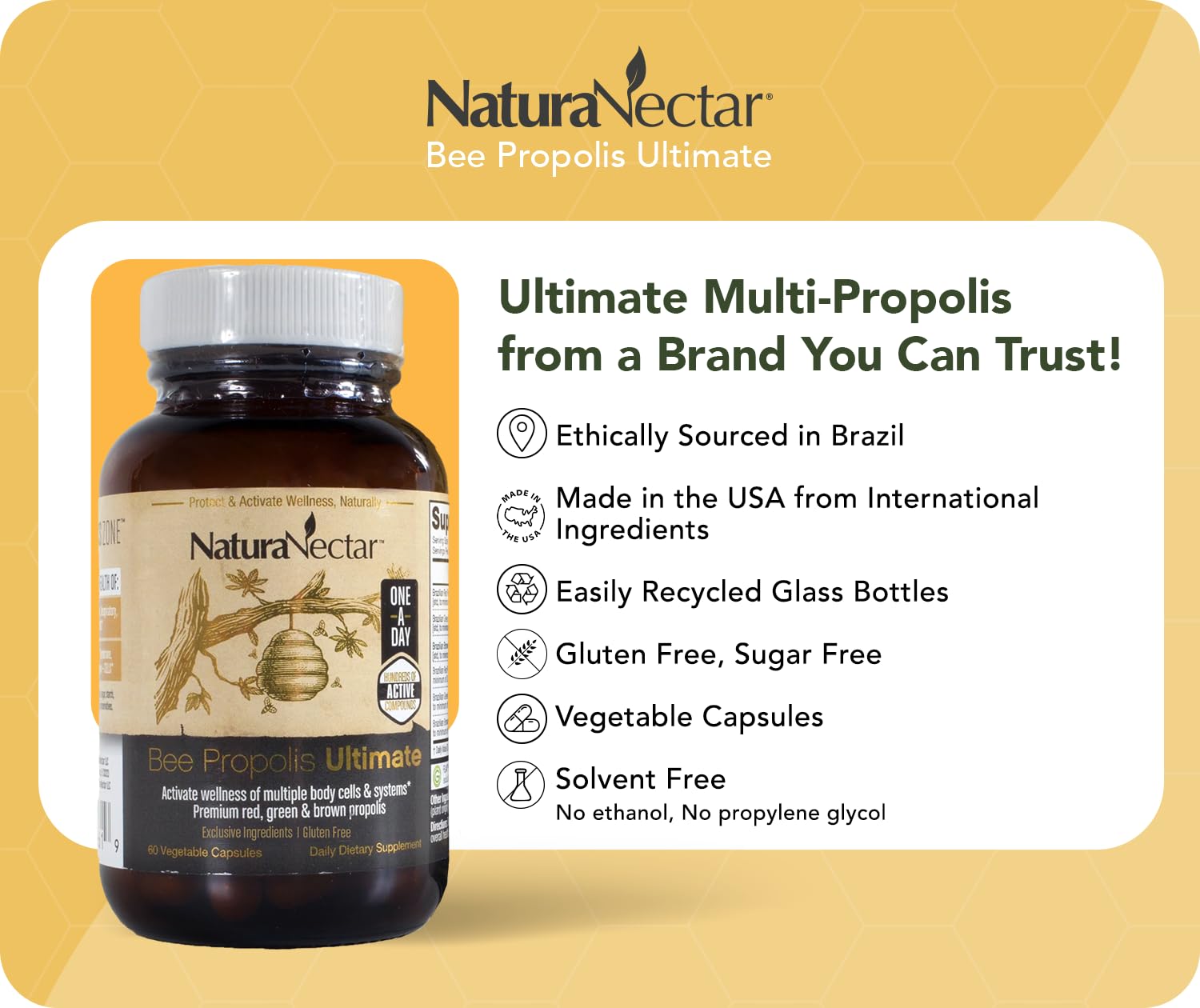 NaturaNectar - Ultimate Bee Propolis Capsules - NSF Contents Certified -Brazilian Red, Brown, & Green - Gluten-Free Supplement with Flavonoids - Naturally Sourced Through Ethical Beekeeping (60pcs.) NaturaNectar uk supplements
