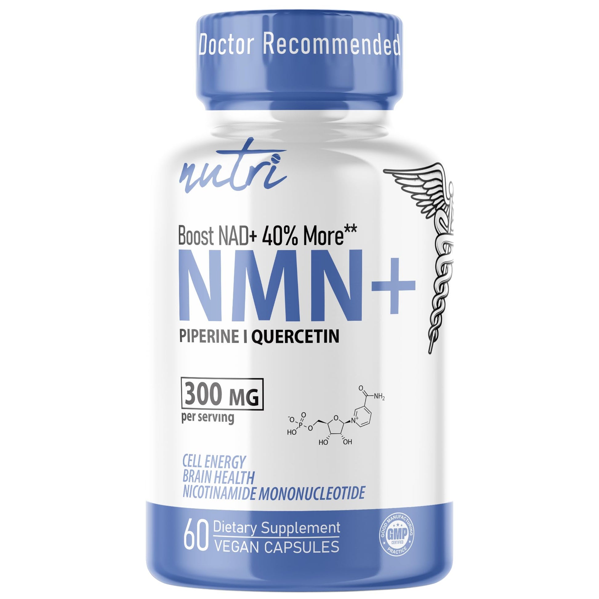 NMN Supplement 300mg NAD Supplement - Nutri Ultra High Absorption Stabilized NMN Nicotinamide Mononucleotide, 40% More NAD+ with Quercetin Phytosome & Black Pepper - mnm supplement (60 Capsules) Nature's Fusions uk supplements