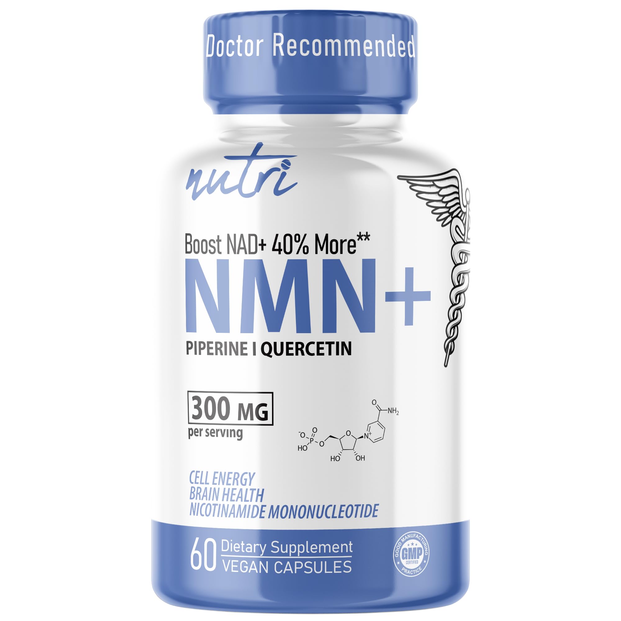 NMN Supplement 300mg NAD Supplement - Nutri Ultra High Absorption Stabilized NMN Nicotinamide Mononucleotide, 40% More NAD+ with Quercetin Phytosome & Black Pepper - mnm supplement (60 Capsules) Nature's Fusions uk supplements