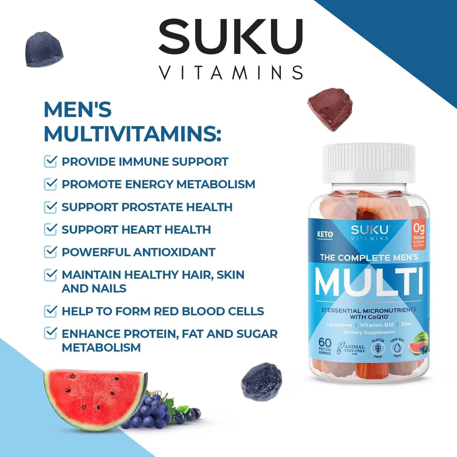 SUKU Men's Daily Multivitamin Gummies – Vitamins A, B12, C, D3, E, Zinc, CoQ10 & Lycopene – Prostate, Heart & Immune Support SUKU uk supplements