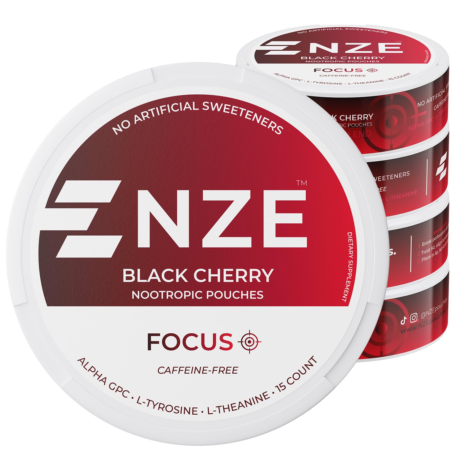 NZE Caffeine Free Nootropic Pouches (Black Cherry) - Nootropic Pouches with Alpha GPC, L-Tyrosine & L-Theanine - No Sugar or Artificial Sweeteners - 15 Pouches Per Can - 5 Pack NZE uk supplements