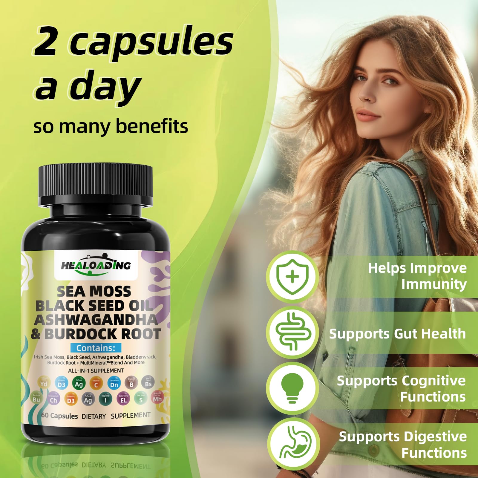 HEALOADING Sea Moss Capsules：Wildcrafted Organic Irish Seamoss & Bladderwack - Rich in Minerals, Supports Thyroid Health, Digestion, Skin & Immune System - Vegan, Non-GMO HEALOADING uk supplements