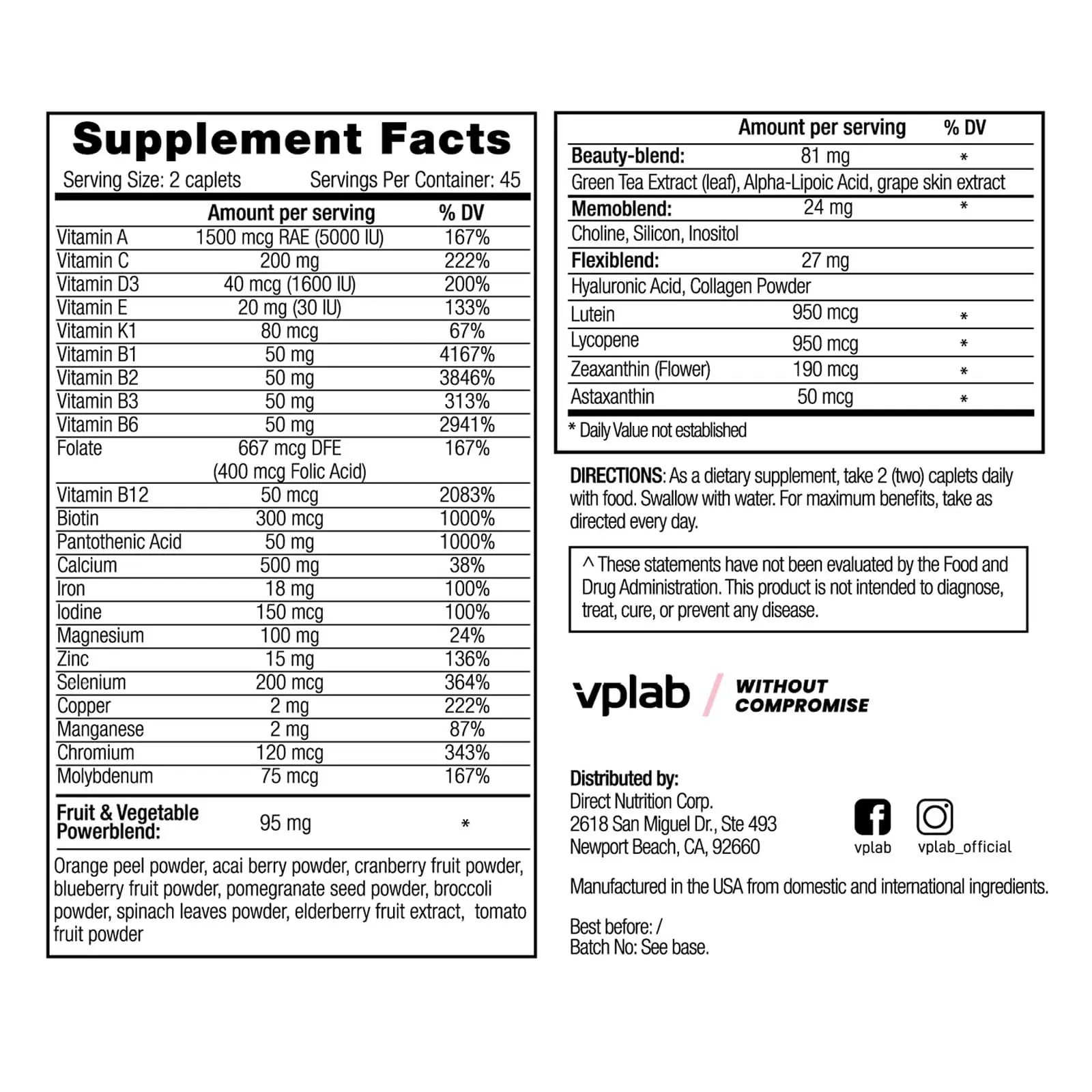 VPLab Ultra Women's Multivitamin Formula - Supplement for Hair, Skin & Nails with Biotin, Iron, Vitamin B, D, C & Zinc, Folate vplab nutrition uk supplements