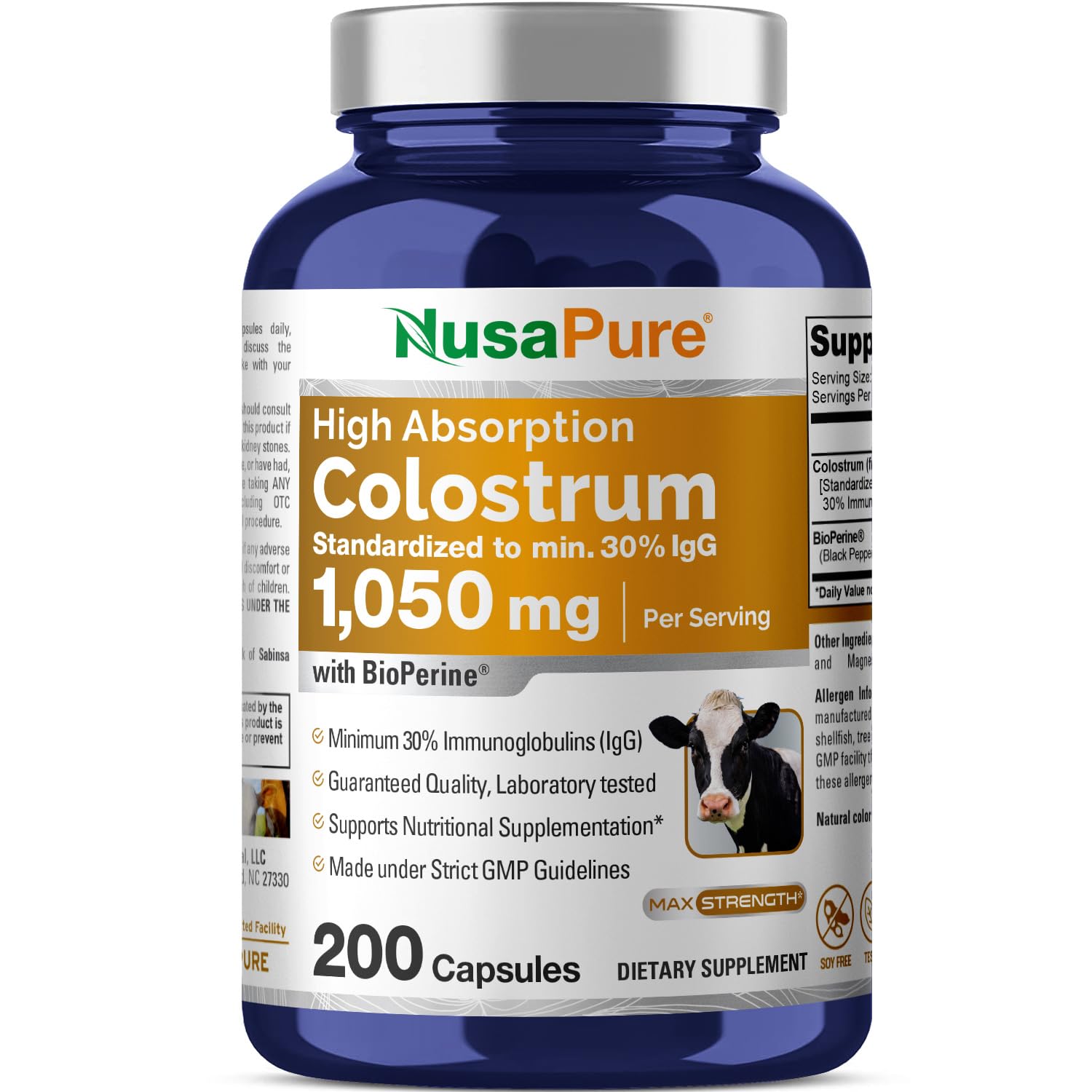 NusaPure Colostrum 1050mg 30% IgG 200 capsules (Non-GMO, Soyfree) Bioperine NusaPure uk supplements