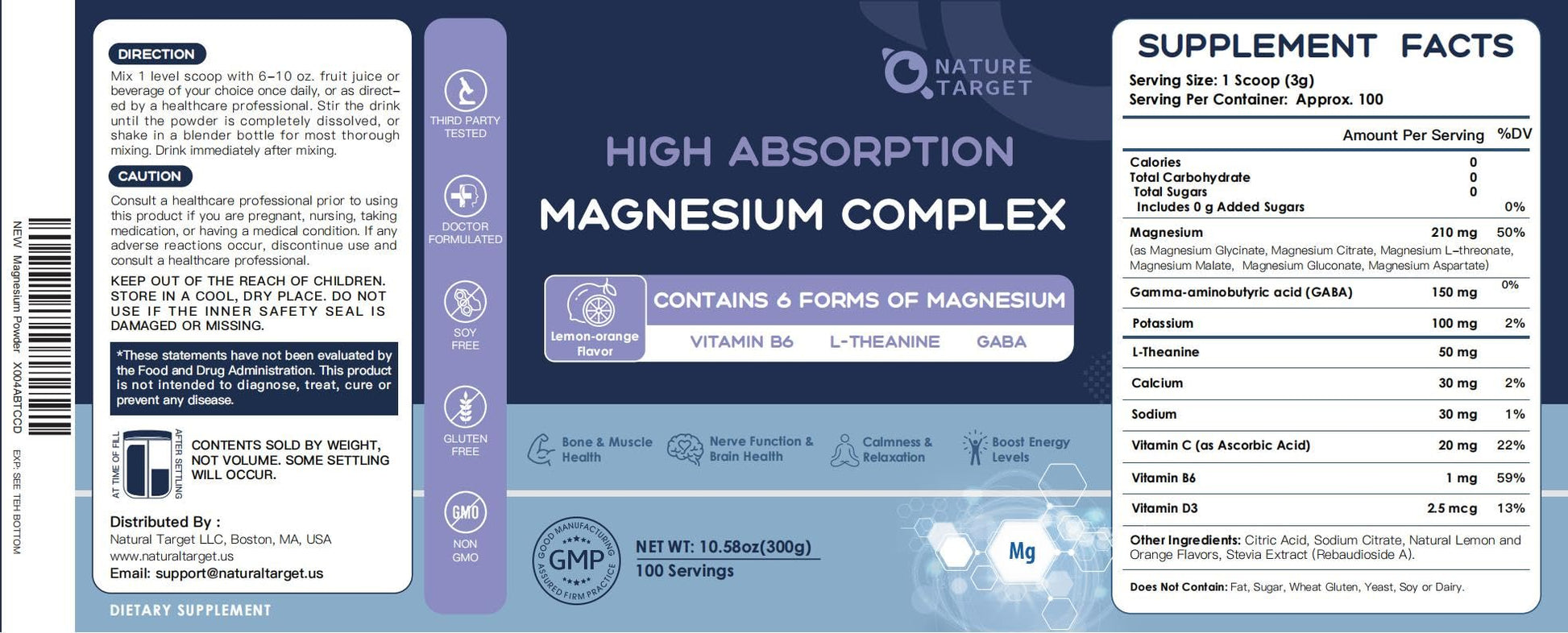 NATURE TARGET Magnesium Powder Supplement with Glycinate, Citrate, Malate, Magnesium Complex with L-Theanine & Vitamin B6 for Muscle, Heart & Brain, Vegan, 10.58 oz (100 Servings), Lemon Orange Flavor NATURE TARGET uk supplements