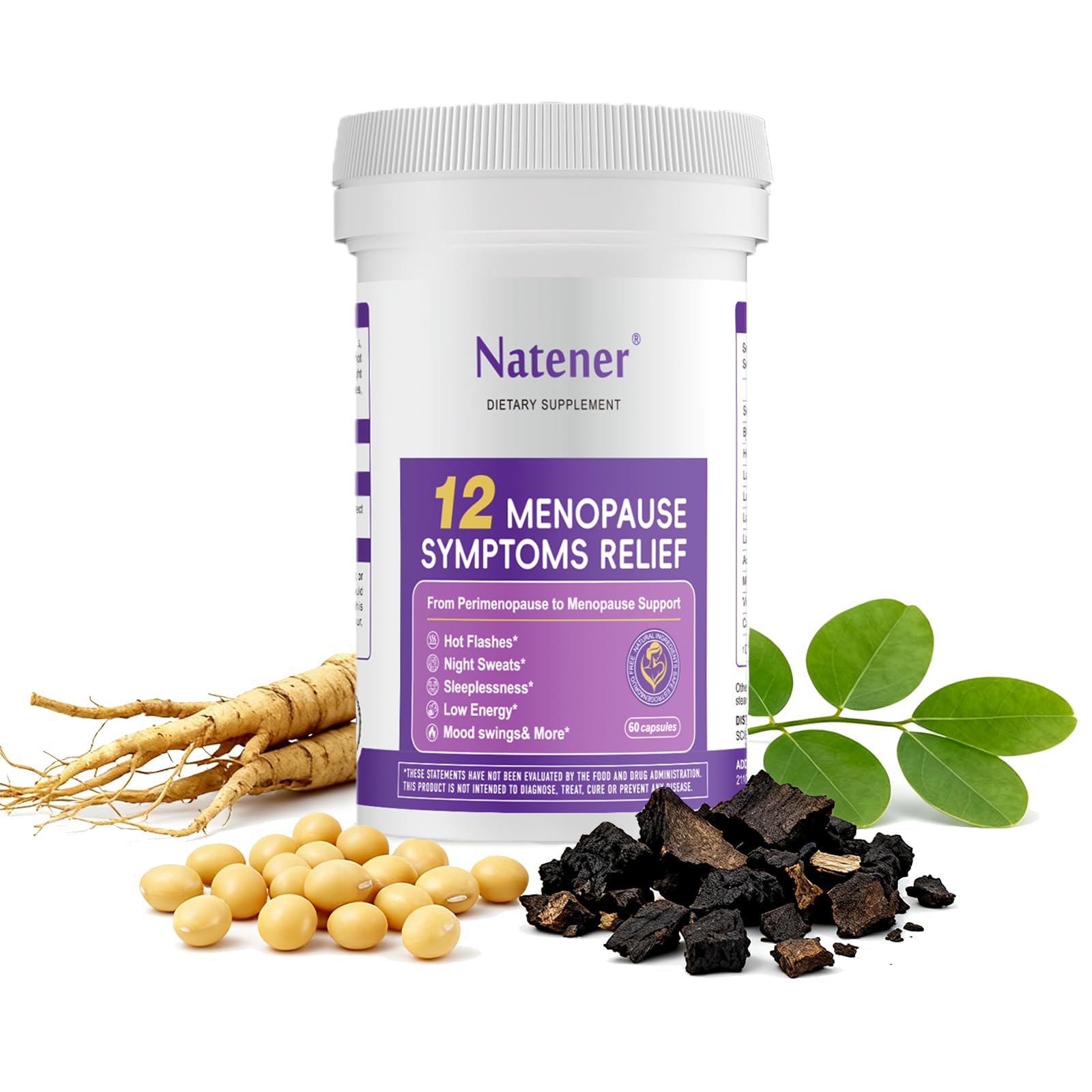 Natener Menopause Supplement for Women, Relieves 12 Menopausal Symptoms* | Black Cohosh + Soy Isoflavones + Ashwagandha + Moringa | for Alleviate Hot Flashes*, Night Sweats*, Weight* & Mood Swings* Natener uk supplements