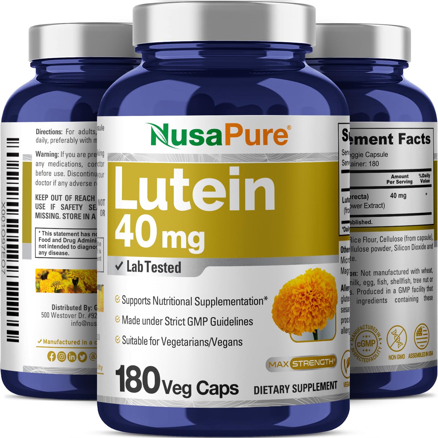 NusasPure Lutein - Suitable for Vegetarian/Vegan, Non - GMO - 40 mg - 180 Capsules NusaPure uk supplements