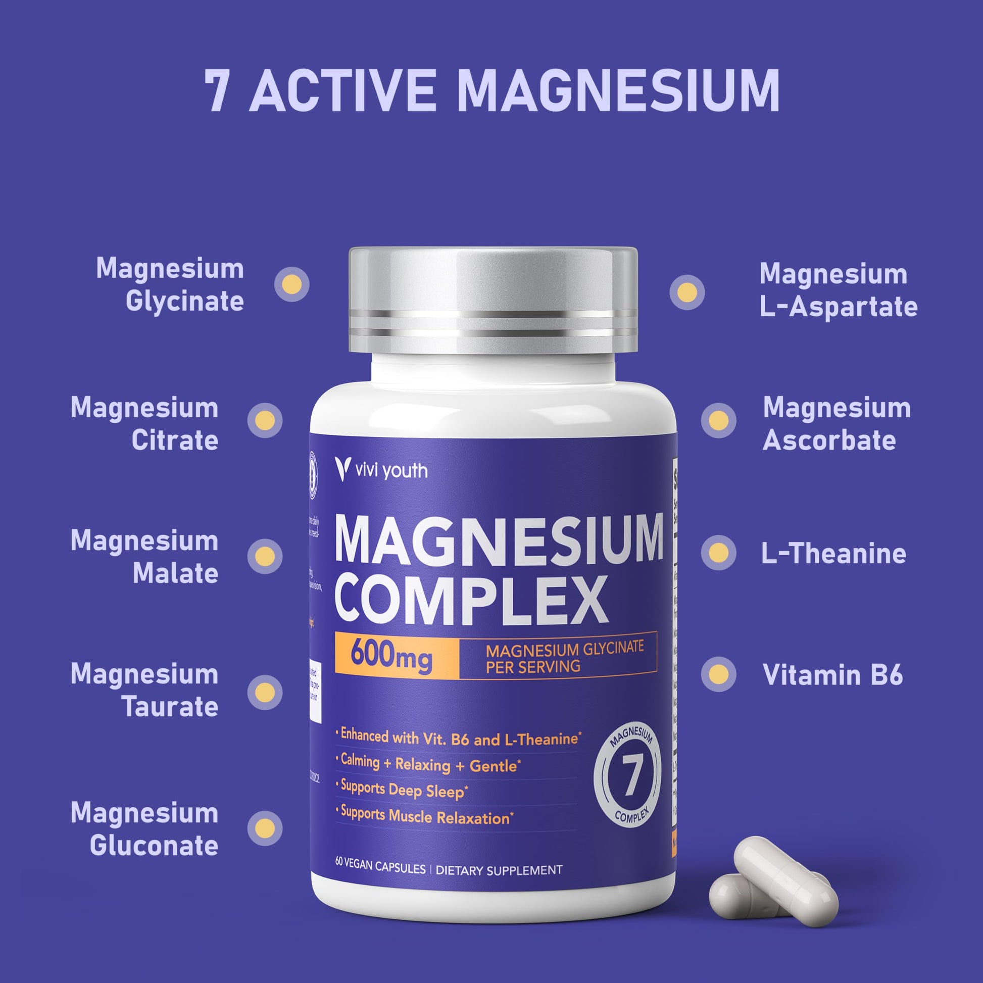 Magnesium 7 Complex for Women 1600mg, Magnesium Glycinate 600mg 7 High Absorption Magnesium Supplement with Citrate, Malate, Chelate, Taurate, Gluconate, Aspartate & Ascorbate for Sleep, 60 Capsules VIVI Youth uk supplements