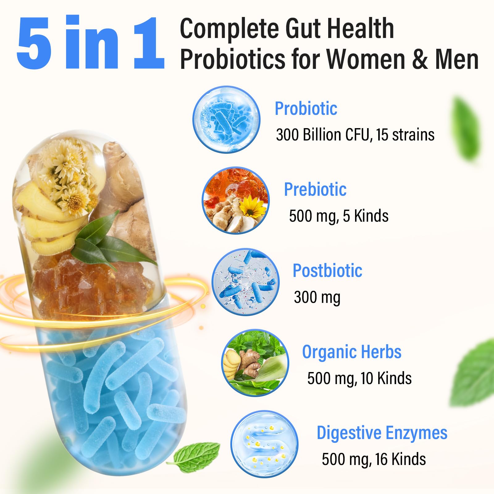 (180 Capsules) Probiotics for Women & Men, 5-in-1 Probiotic, Prebiotic, Postbiotic, Organic Herbs & 16 Digestive Enzymes Blend, 300 Billion CFU, Complete Gut Health, Digestive Health & Immune* Nisavain uk supplements