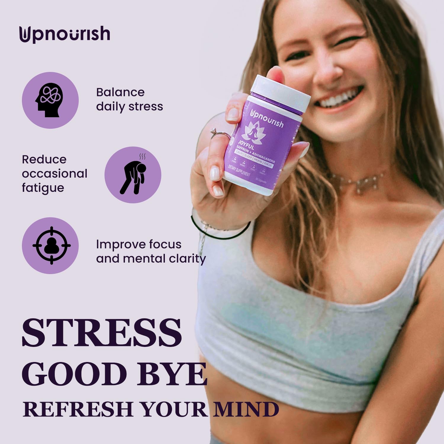 UpNourish Organic Ashwagandha Saffron Supplements with Probiotics - Stress Relief, Mood Enhancer, Calm Happy Pills Support Fatigue Focus Clarity with L-Theanine, Rhodiola, 30 Vegan Capsules UpNourish uk supplements