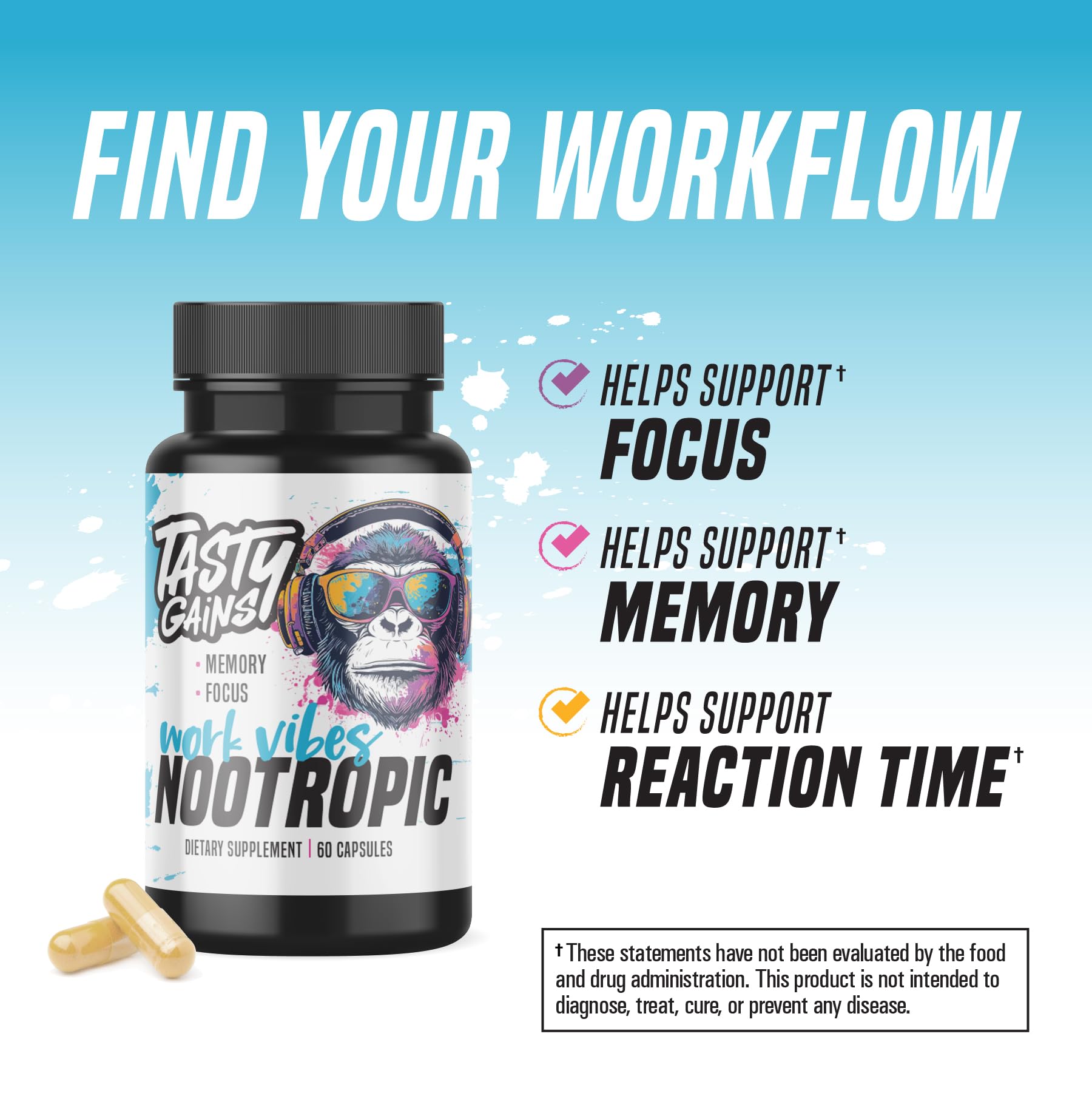 Nootropic Brain Supplement for Memory and Focus - Vitamin for Mental Health & Brain Health with L-Theanine, Rhodiola Rosea & Phosphatidylserine - Memory, Mental Clarity & Cognitive Improvement - 60 Ct TASTY GAINS uk supplements