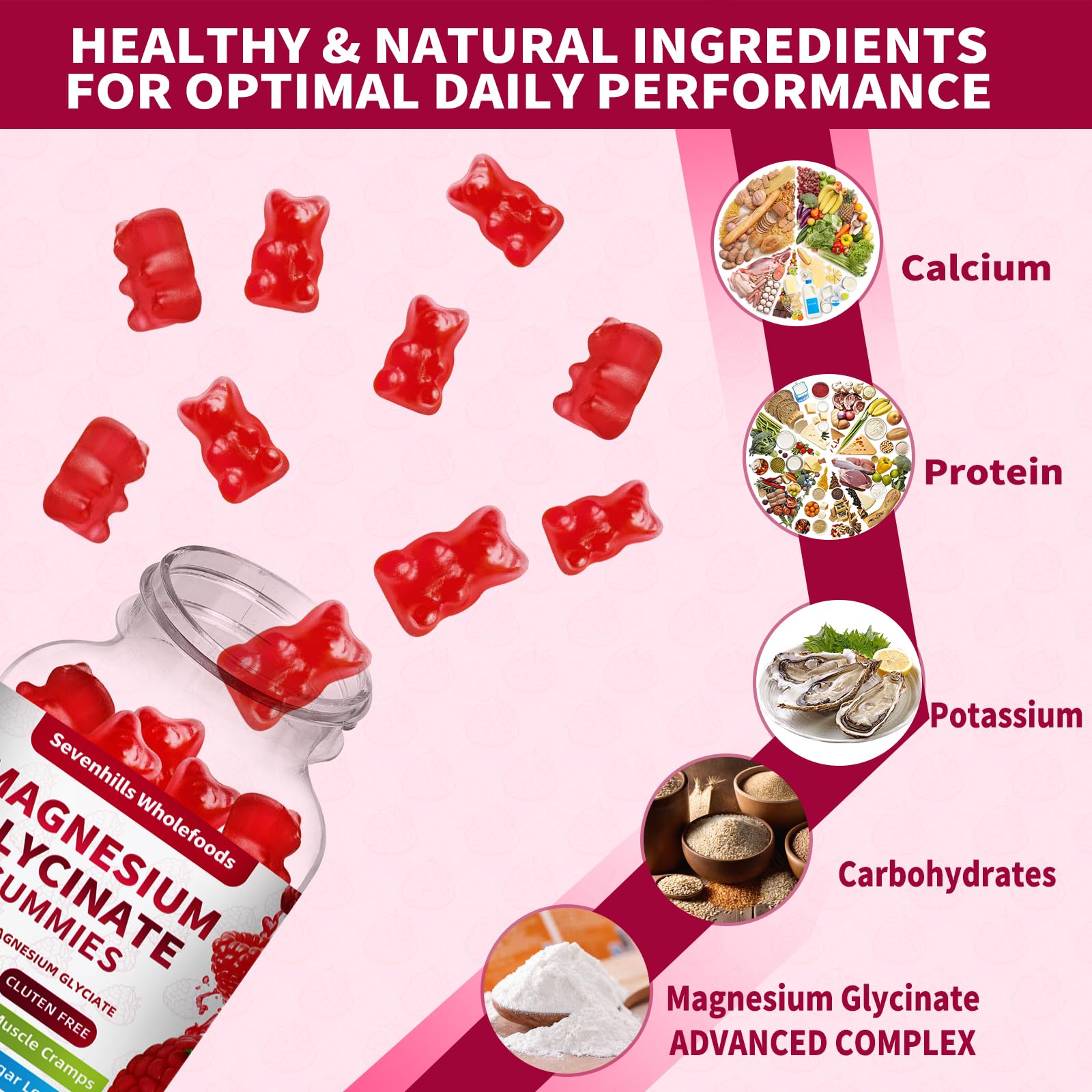 Magnesium Glycinate Gummies 1000mg - Sugar Free Magnesium Potassium Supplement for Relaxation, Calm, Stress Relief, and Sleep Support for Adults & Kids - 60 Raspberry Gummies Sevenhills Wholefoods uk supplements