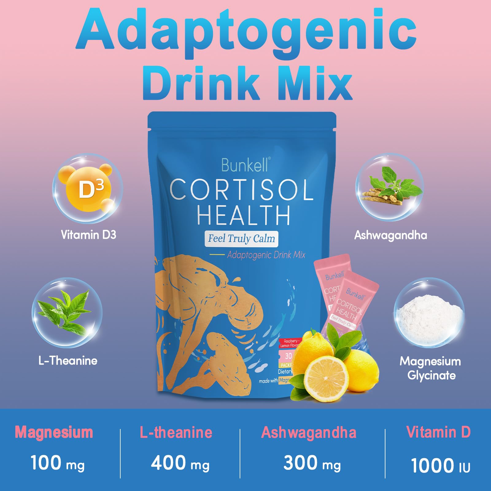 Bunkell Cortisol Powdered Drink Mix, Made with Magnesium Glycinate, L-Theanine, Ashwagandha & Vitamin D3, Cortisol Supplements for Relaxation, Focus & Calm Support, Raspberry Lemonade Flavor, 30 Ct Bunkell uk supplements