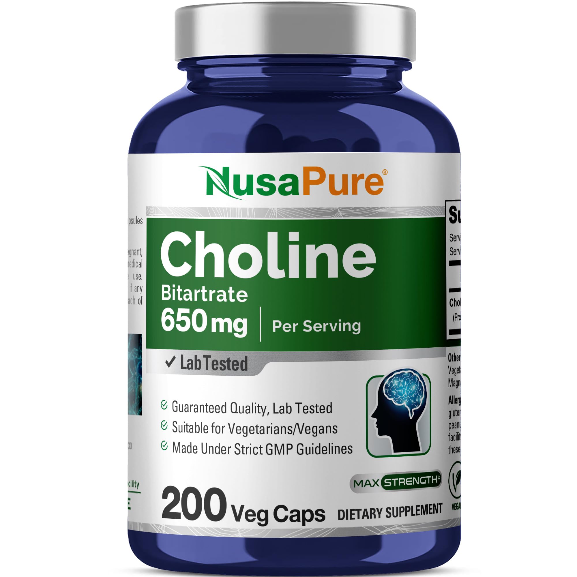 NusaPure Choline Bitartrate - Suitable for Vegetarian/Vegan, Non - GMO - 650 mg 200 Capsules NusaPure uk supplements