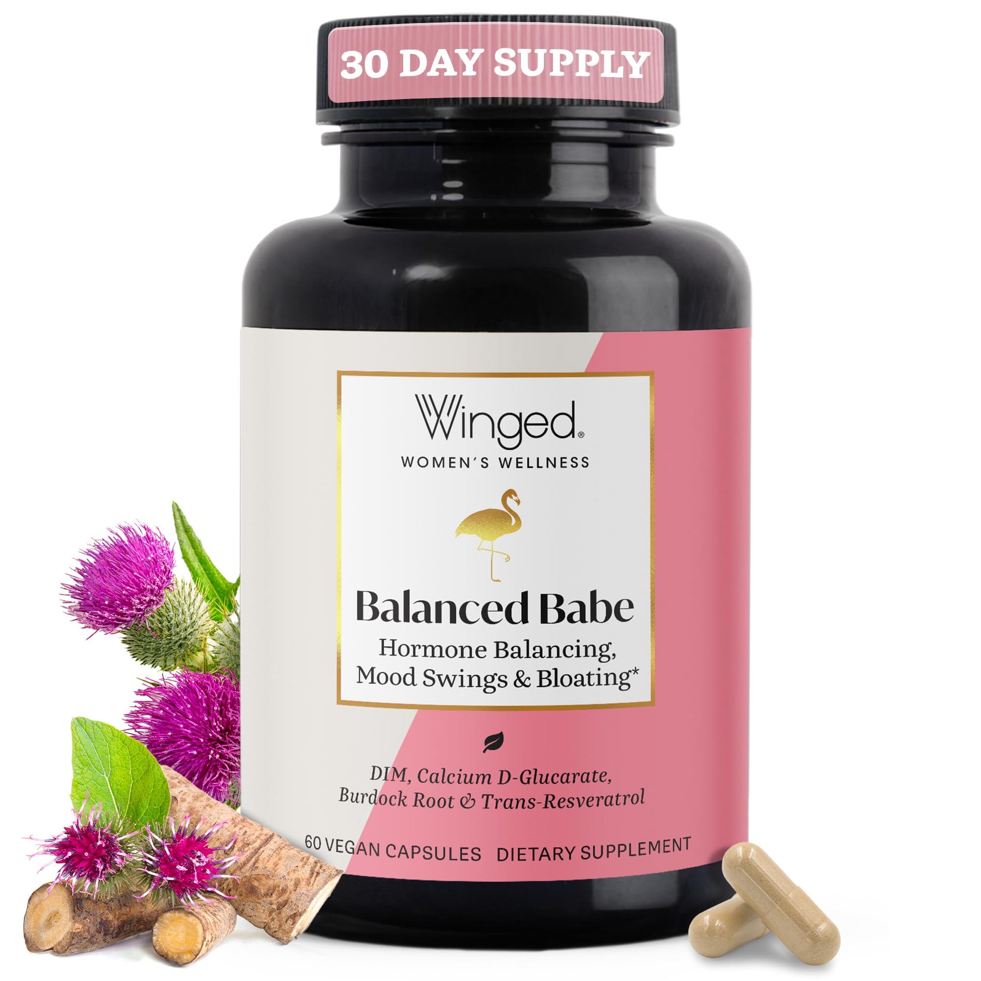 Winged Wellness Balance Babe, Hormone Balance & Estrogen Detox Supplement for Women - 100mg DIM & Calcium D-Glucarate & Milk Thistle for PMS Bloating, Cramps, Mood & Hormonal Acne Support, 60 Capsules Winged Wellness uk supplements