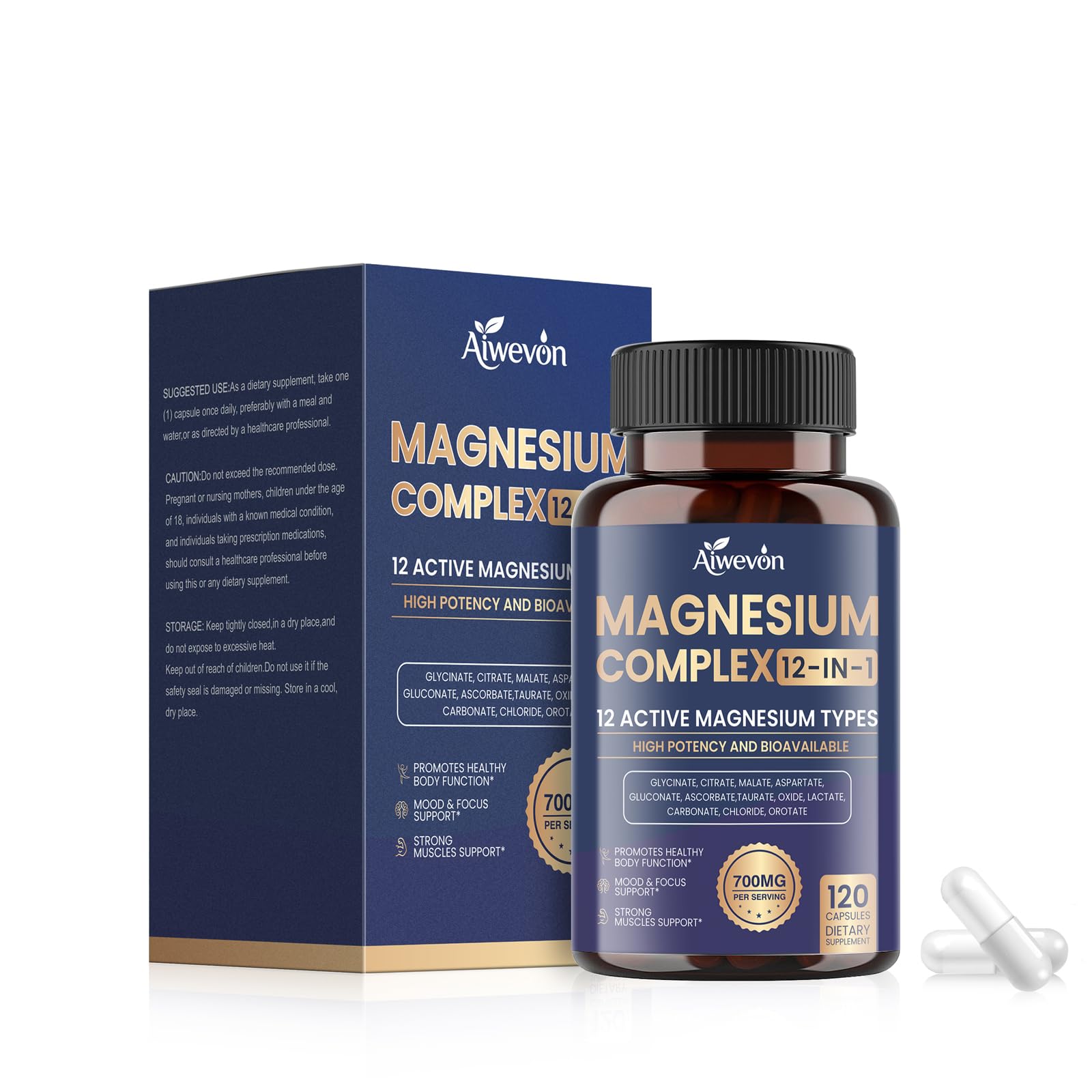 Magnesium Complex 700mg, 12 in 1 Magnesium Supplement with Glycinate, Citrate, Malate, Oxide, Taurate & Orotate, High Absorption Magnesium for Sleep, Muscle, Nerve & Heart Support, Vegan, 120 Capsules Aiwevon uk supplements