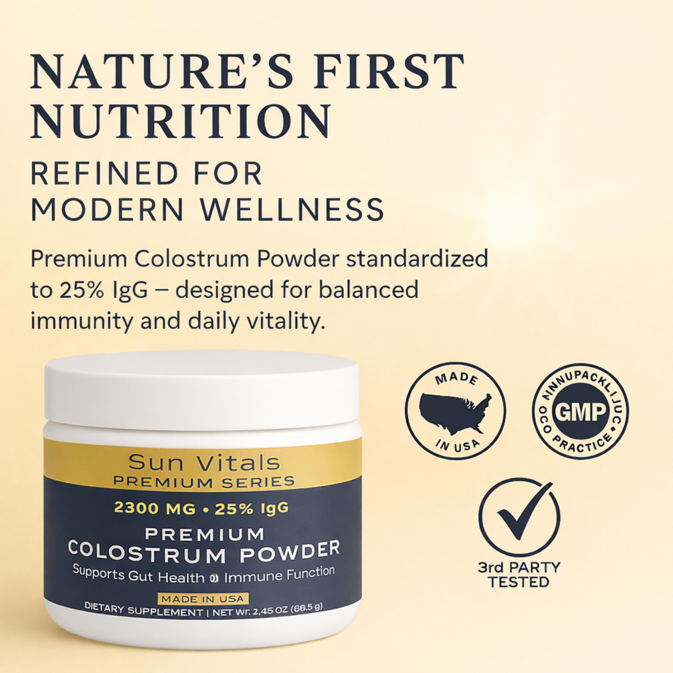 Sun Vitals Bovine Colostrum Powder 2300mg – 575mg IgG Per Serving | 25% IgG Standardized | Gut Health & Immune Support | No Fillers, No Capsules | GMP-Certified, 3rd Party Tested | 30 Servings Sun Vitals uk supplements