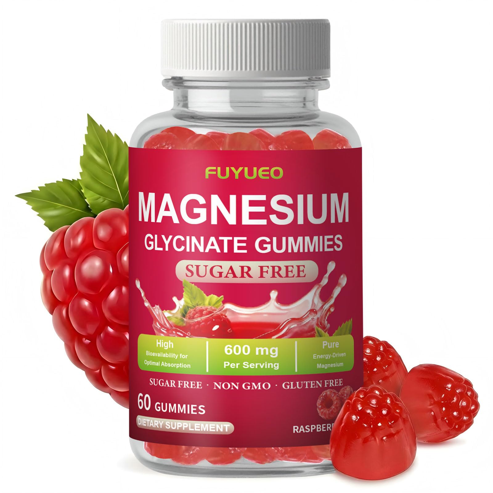 FUYUEO Magnesium Glycinate Gummies for Sleep & Relaxation, Sugar Free High Absorption Magnesium Supplement for Men & Women, Gentle on Stomach, Chewable, Raspberry, 60 Count (Pack of 1) FUYUEO uk supplements