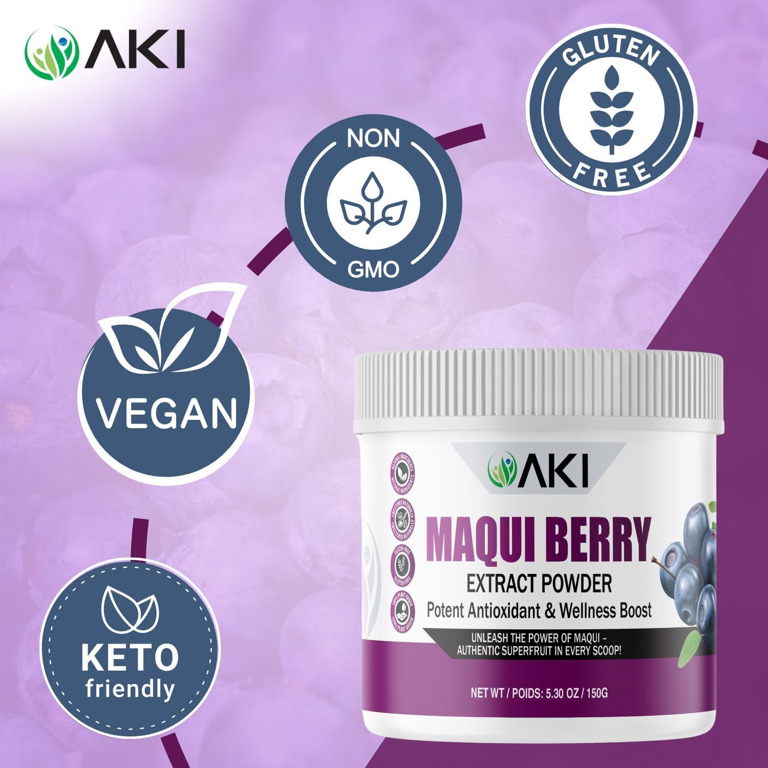 AKI Maqui Berry Extract Powder – Wild Harvested from Patagonia, High in Anthocyanins & Polyphenols, Freeze-Dried Superfruit for Smoothies, Non-GMO, Vegan, 150g/ 5.3 oz AKI ORGANIC uk supplements