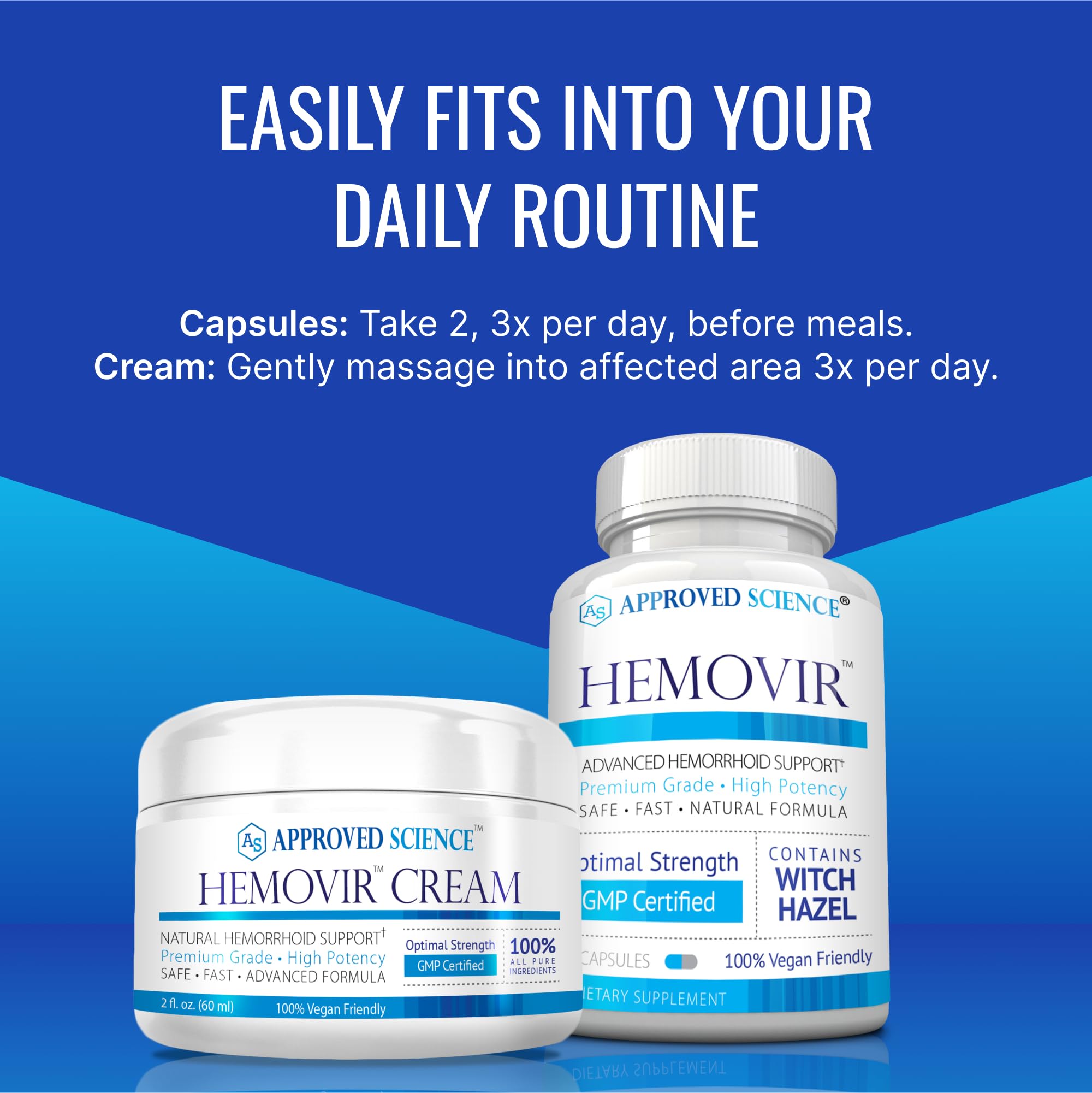 Approved Science Hemovir - Hemorrhoid Capsules and Cream - Dual-Action Stops Itching and Optimizes Blood Flow - Internal and External Care - 45 Capsules + 2 Fl Oz - Vegan - Non GMO - Made in The USA Approved Science uk supplements