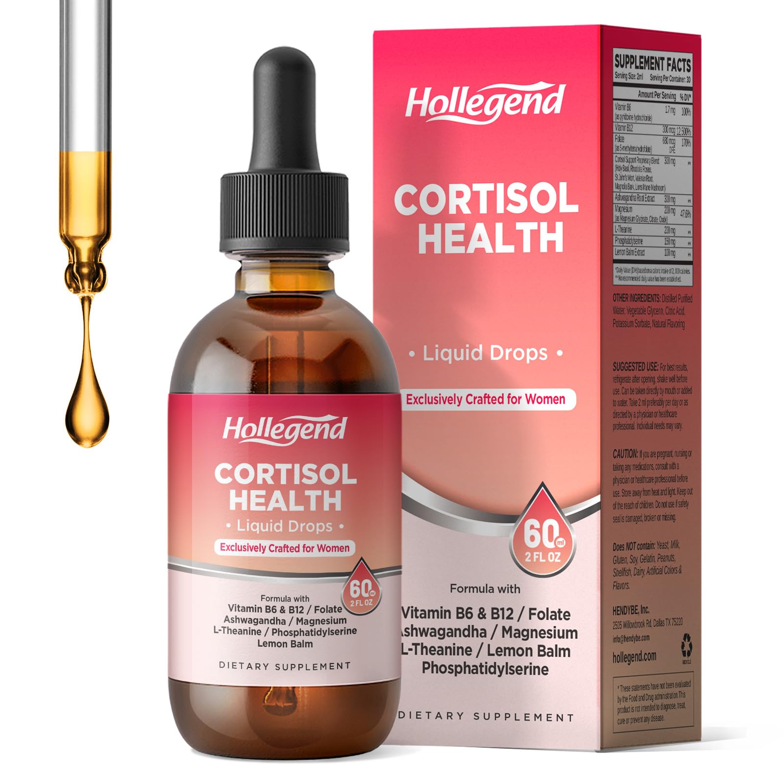 HOLLEGEND Cortisol Supplements for Women, Cortisol Wellness Liquid Drops, 16 in 1 Cortisol Detox Reducer w. Ashwagandha, Magnesium, L-Theanine, Folate for Relaxation & Hormone Balance, Strawberry HOLLEGEND uk supplements
